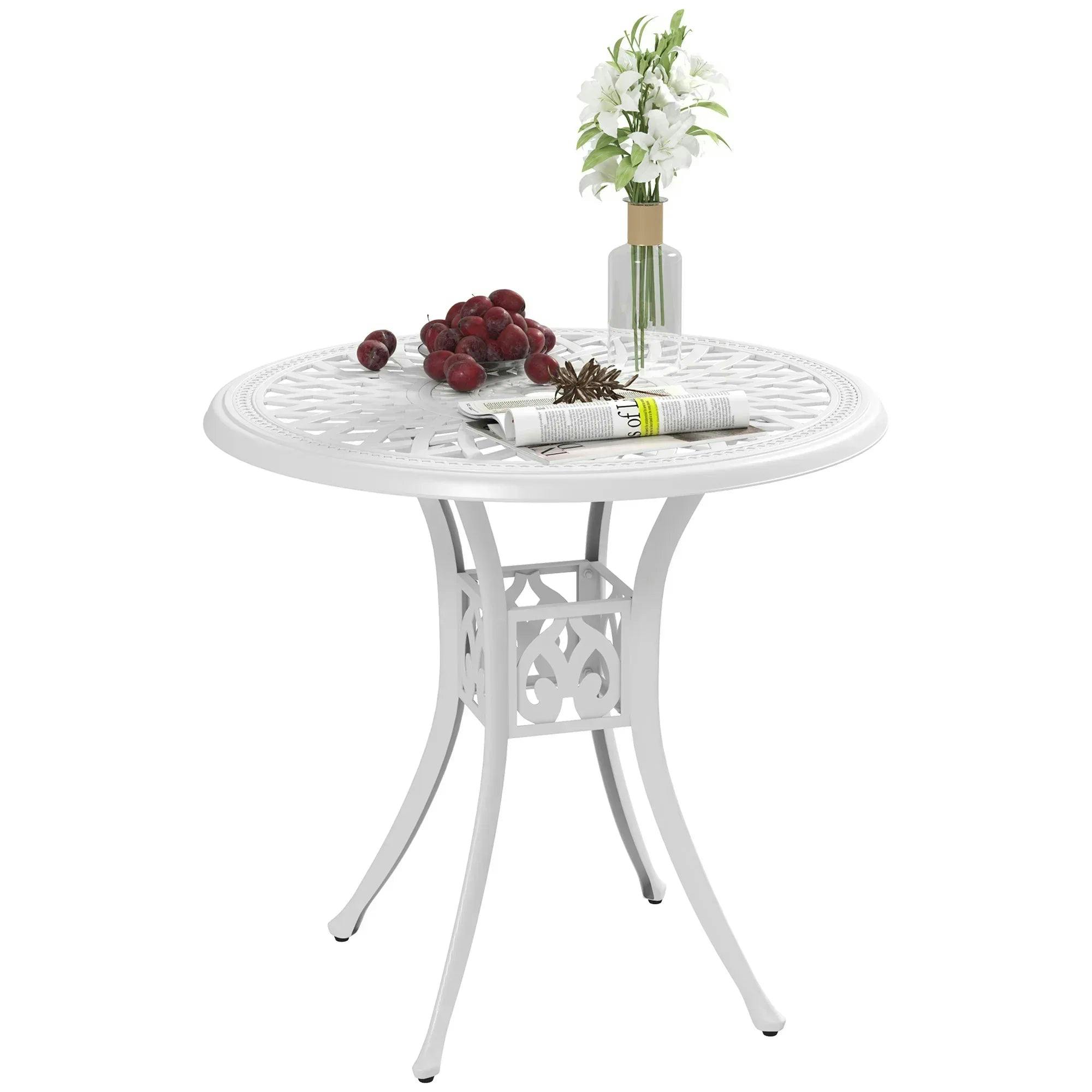 Rackhams White 78 Cm Round Garden Dining Table With Parasol Hole Antique Cast Aluminium Outdoor Table Only,