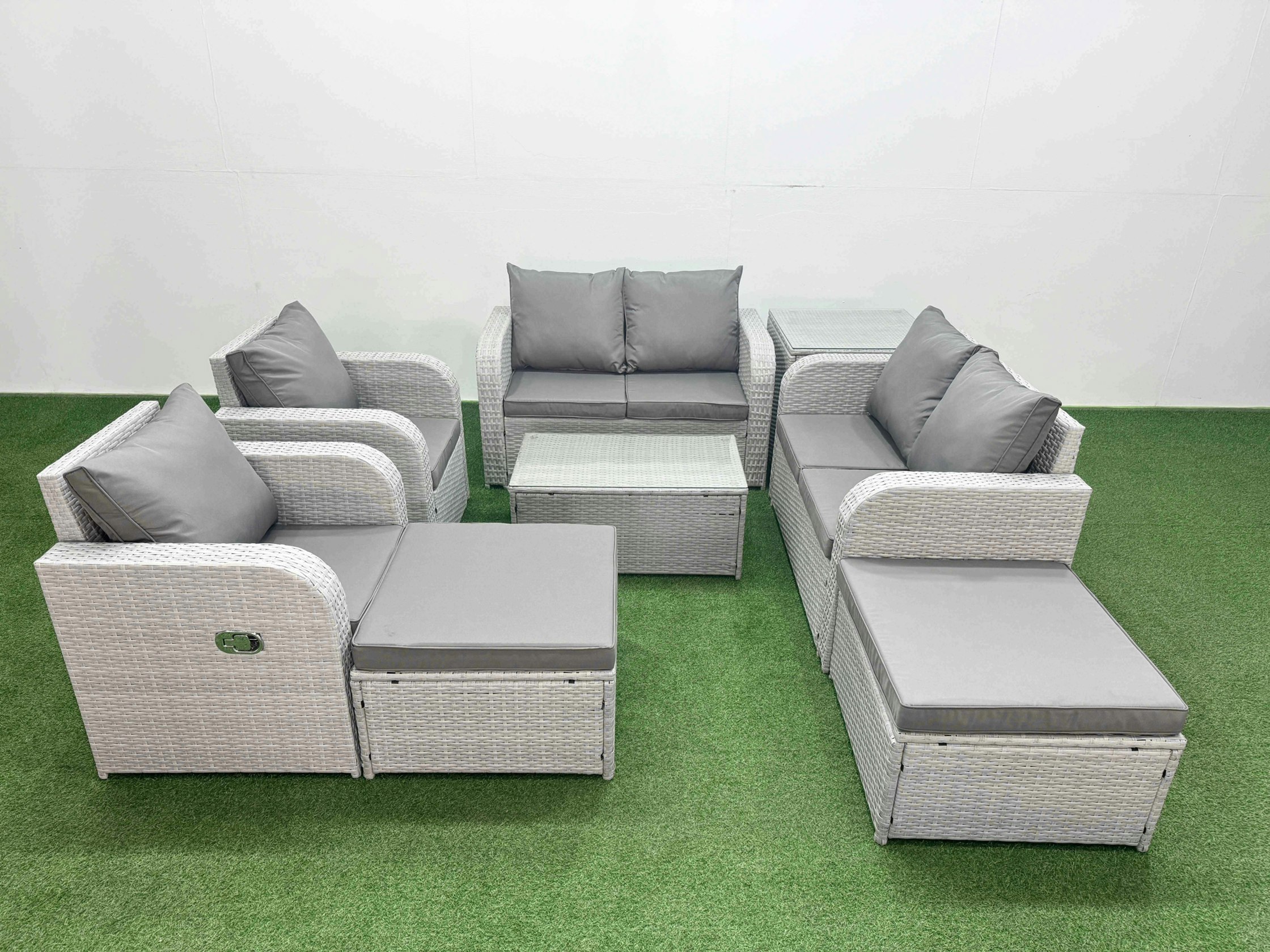 Fimous Light/Grey 8 Seater Rattan Garden Furniture Set - With Reclining Chair, Loveseat & Rectangular Coffee Table & 2 Footstools