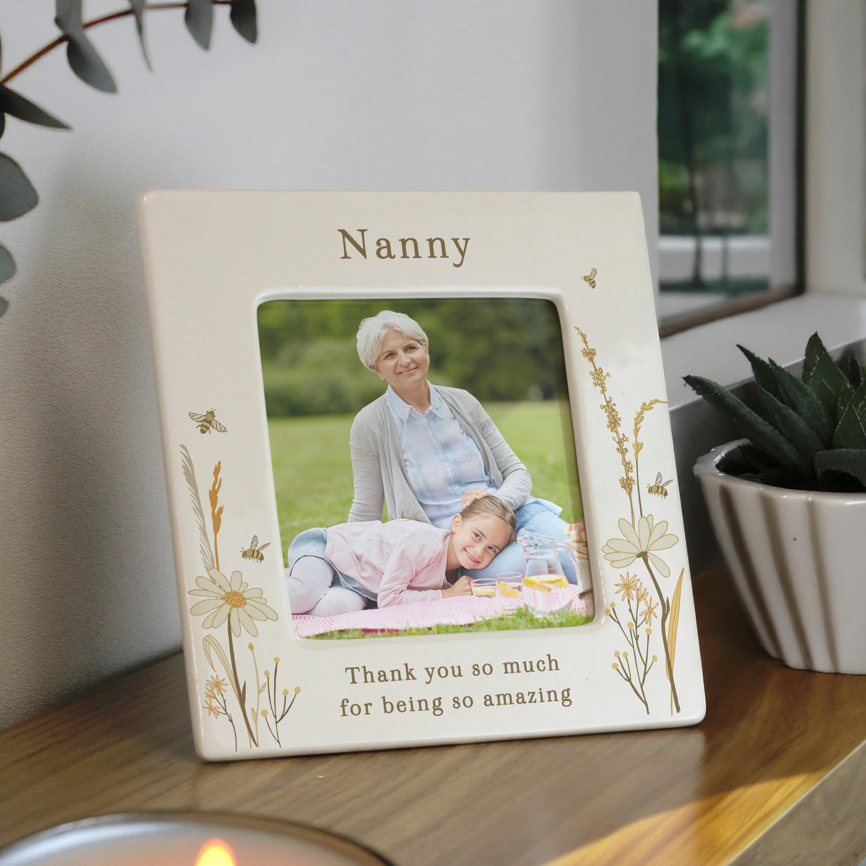 Rackhams Cream Personalised Bees & Daisy Ceramic 4X4 Frame - Ceramic - 4X4