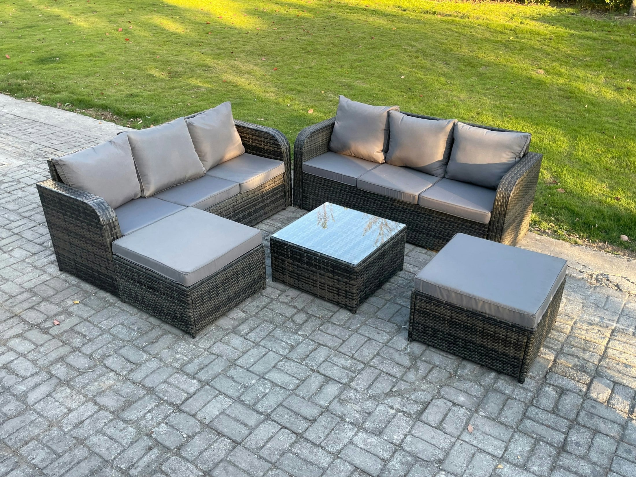Rackhams Grey Indoor Outdoor Rattan Garden Furniture 8 Seater Set Table Sofa Chair Patio Conservatory With Cushions 2 Big Footstool