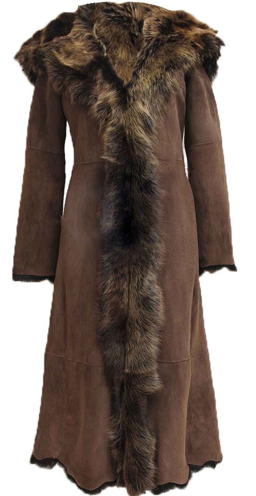 Infinity Leather Women's Brown/Gold Suede Toscana Sheepskin Hooded Trench Coat-Fribourg - Uk M/12 | Eu 38 | Us 8