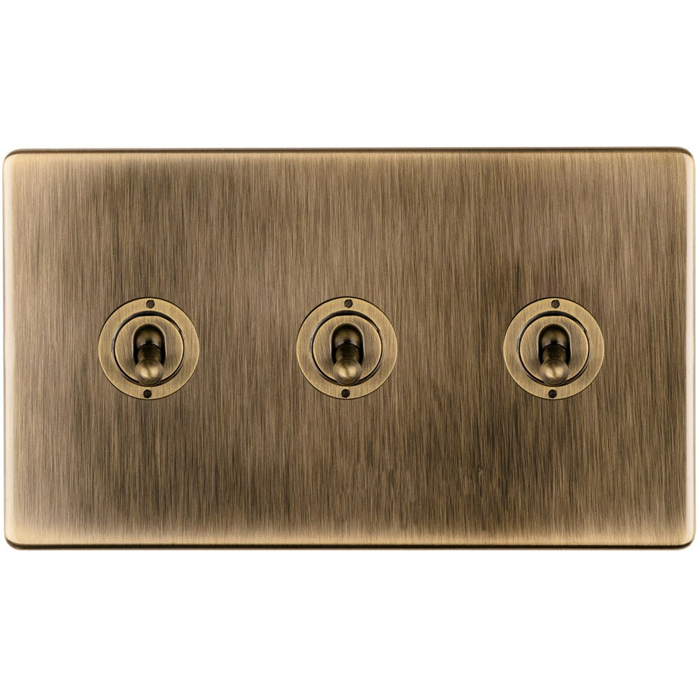 Rackhams Light Gang Triple Retro Toggle Switch Screwless Antique Brass 10A 2 Way Lever Size 3