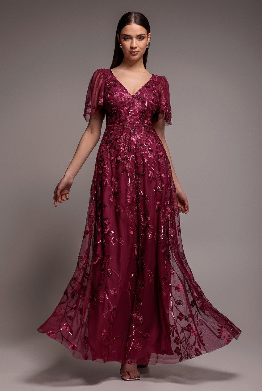 Goddiva Magenta Flared Sleeve Embroidered Maxi Dress - By - 8