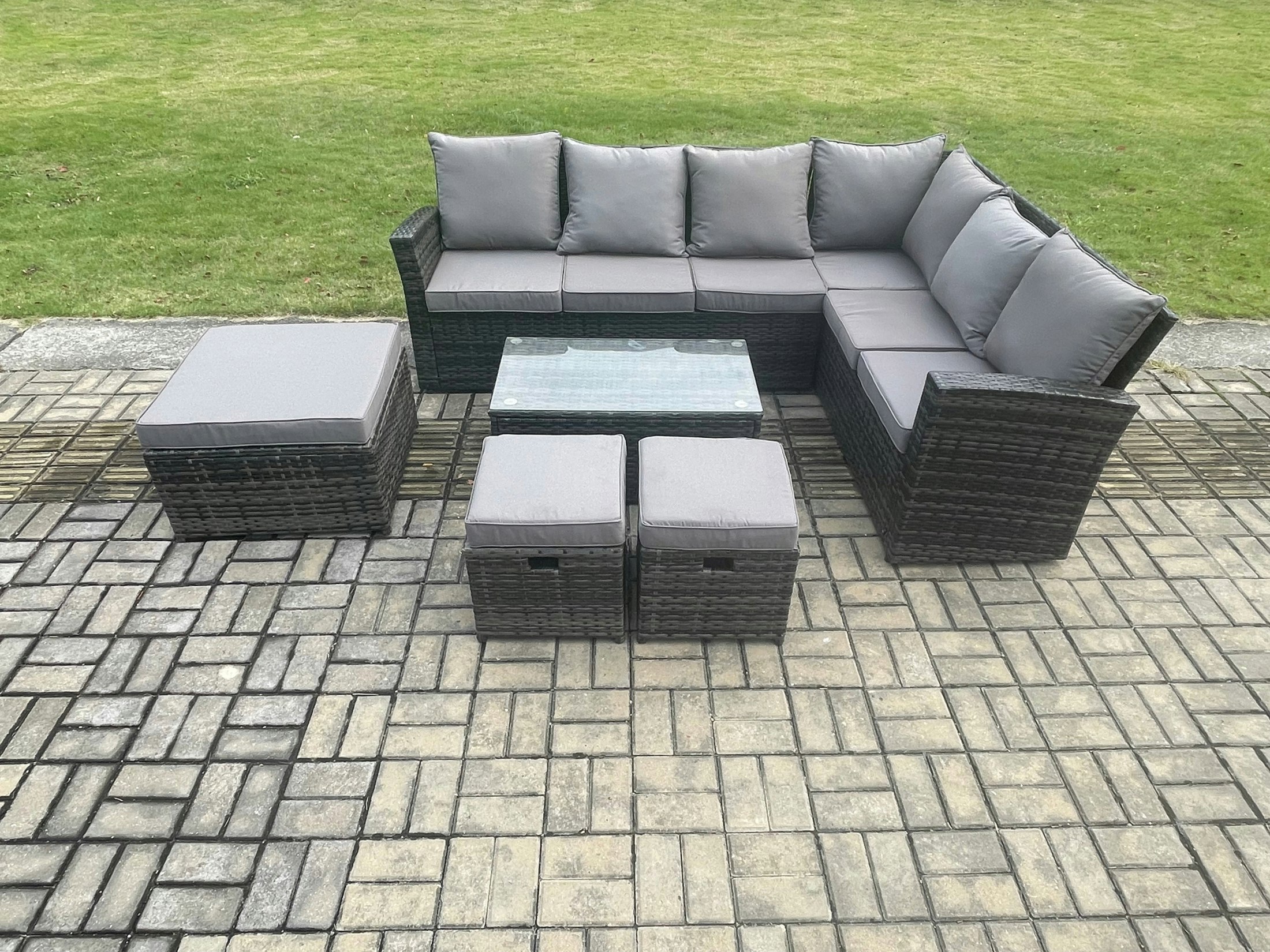 Fimous Wicker Pe Outdoor Garden Furniture Set High Back Rattan Corner Sofa Set With Rectangular Coffee Table 3 Footstools