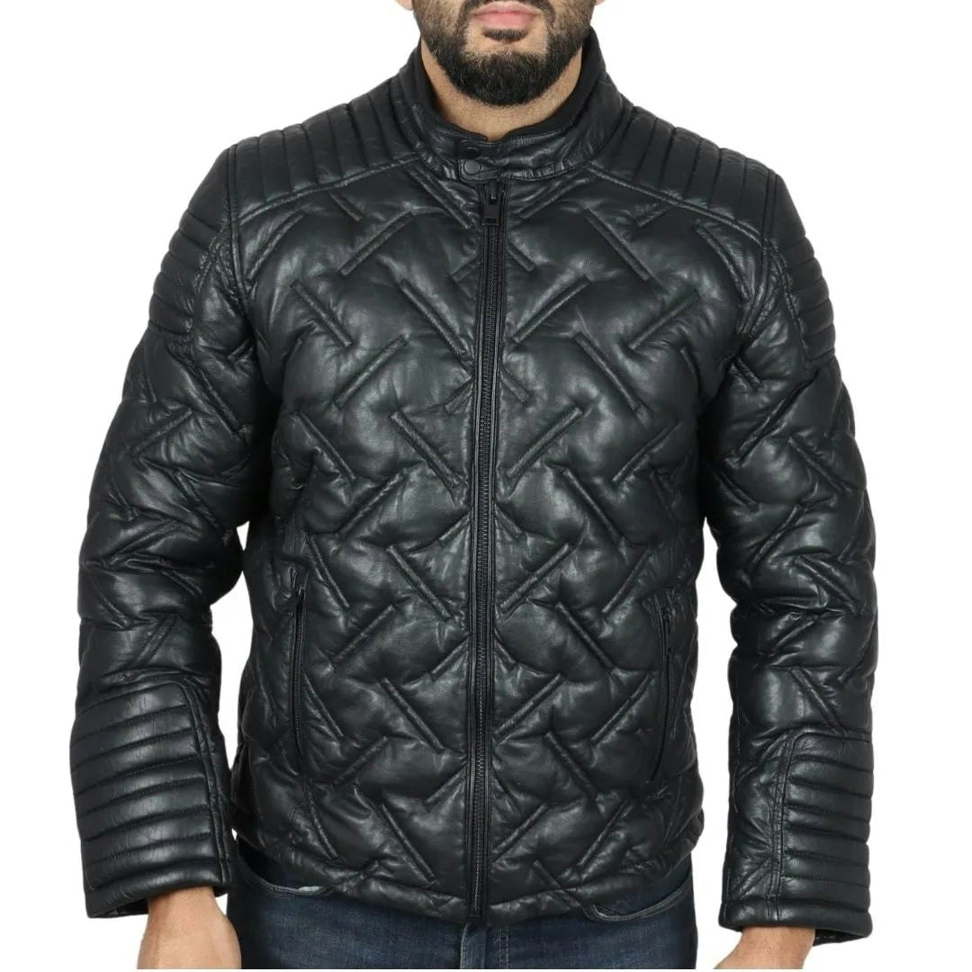 Infinity Leather Men's Leather Company Quilted Puffer Padded Biker Real Leather Jacket - 5XL