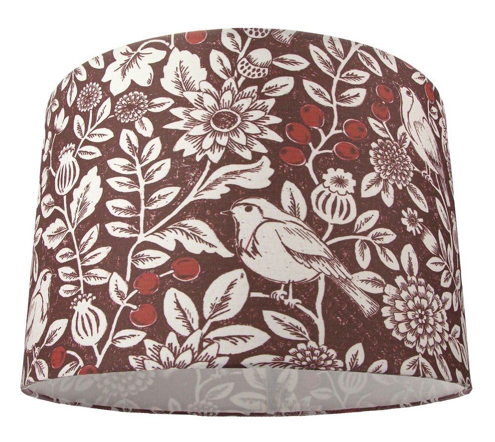 Happy Homewares Burgundy Autumnal Themed 12" Lamp Shade With Floral Decoration And Sitting Birds 20Cm