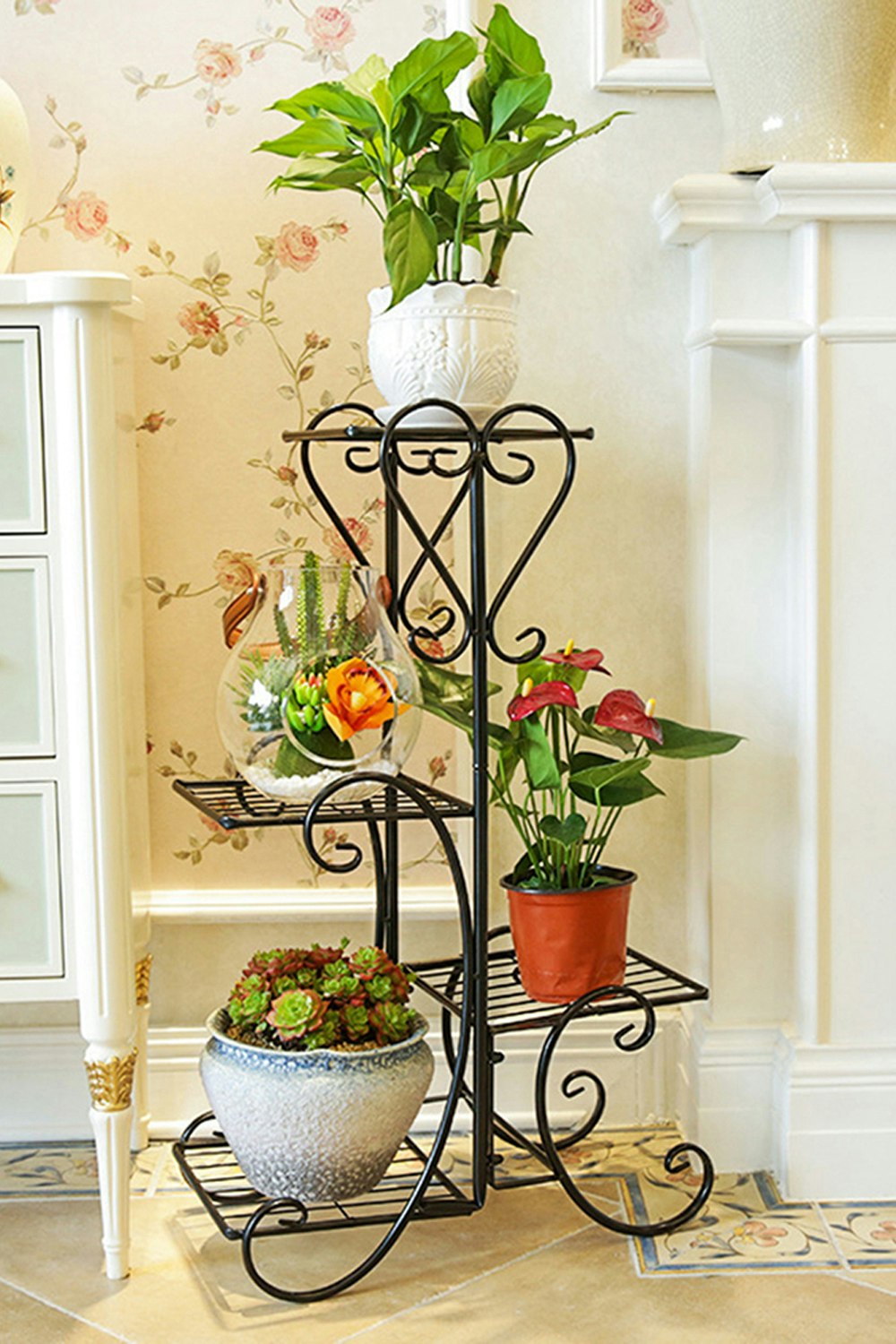 Rackhams Black 4-Tier Tall Metal Plant Pot Stand Shelf For Indoors