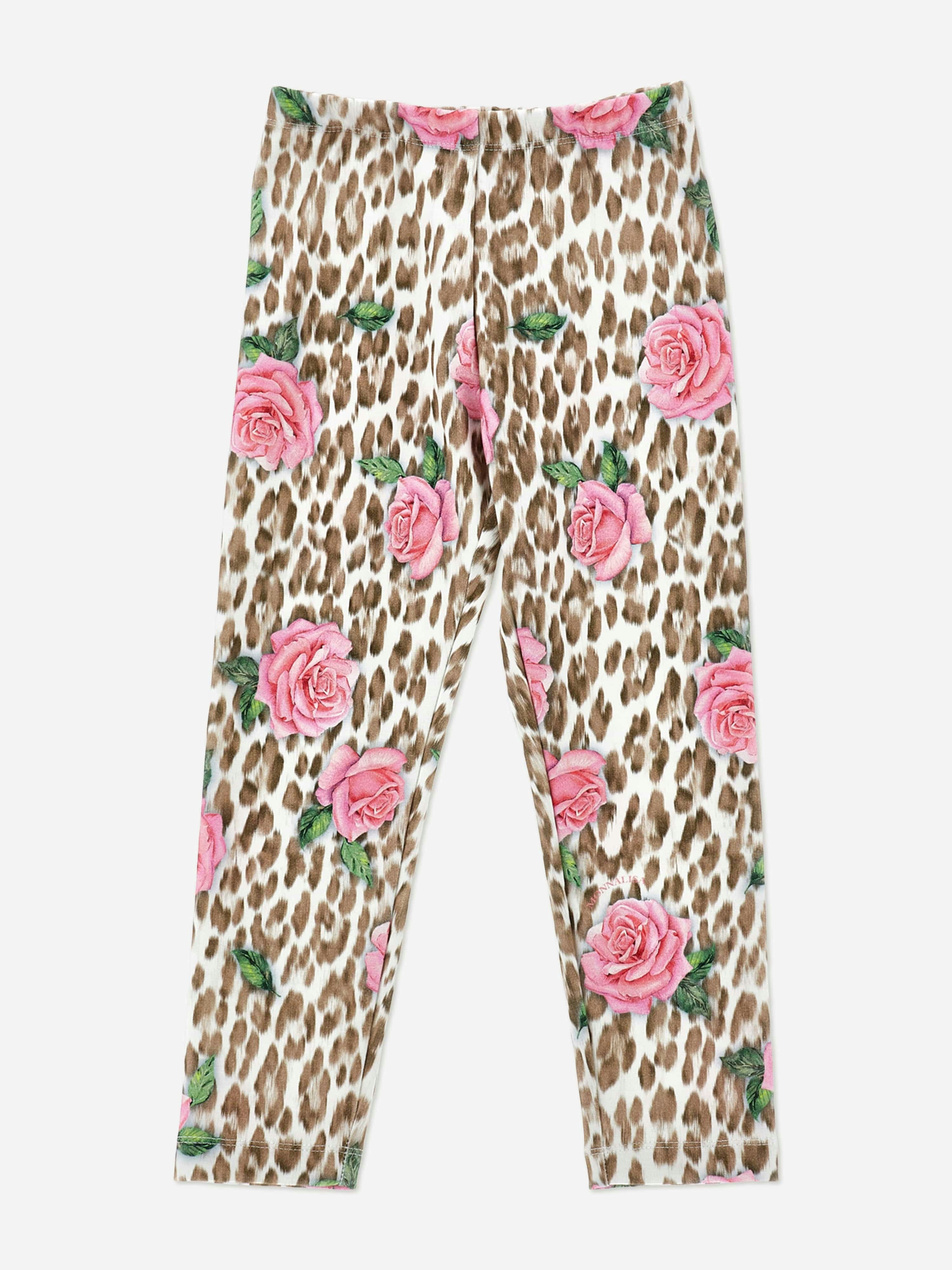 Monnalisa Girls Pink Leopard And Rose Print Leggings In Multicolour - 4 Yrs