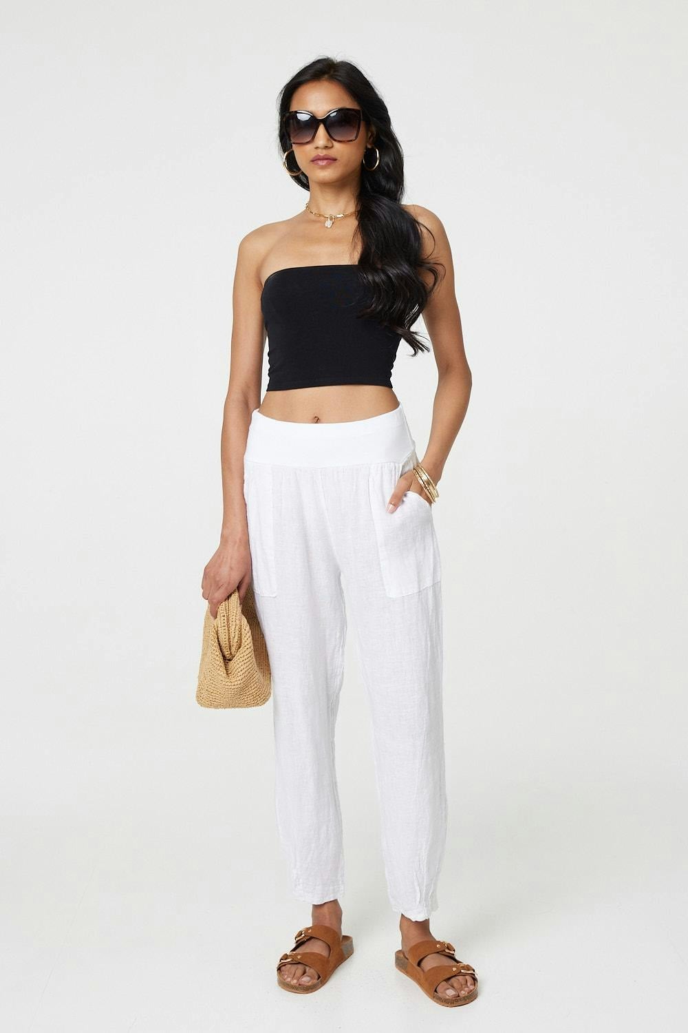 Izabel London White Relaxed Linen Blend Tapered Trousers - 12