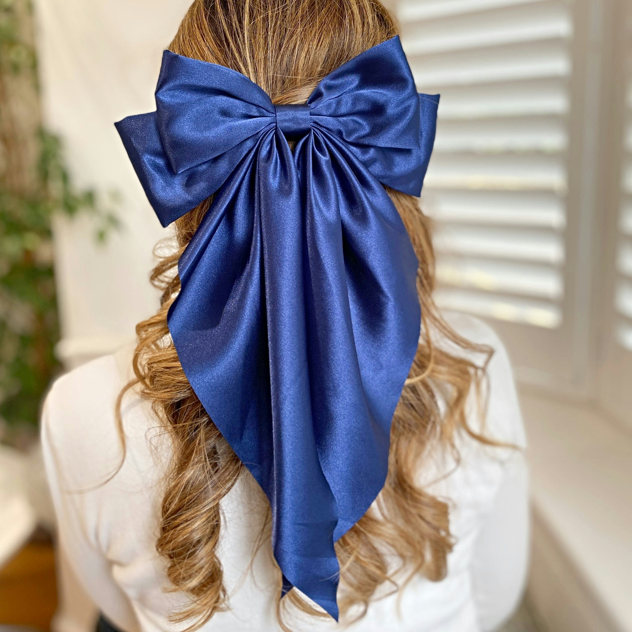 Queenmee Accessories Red Navy Satin Hair Bow Navy Hair Clip Long Bow