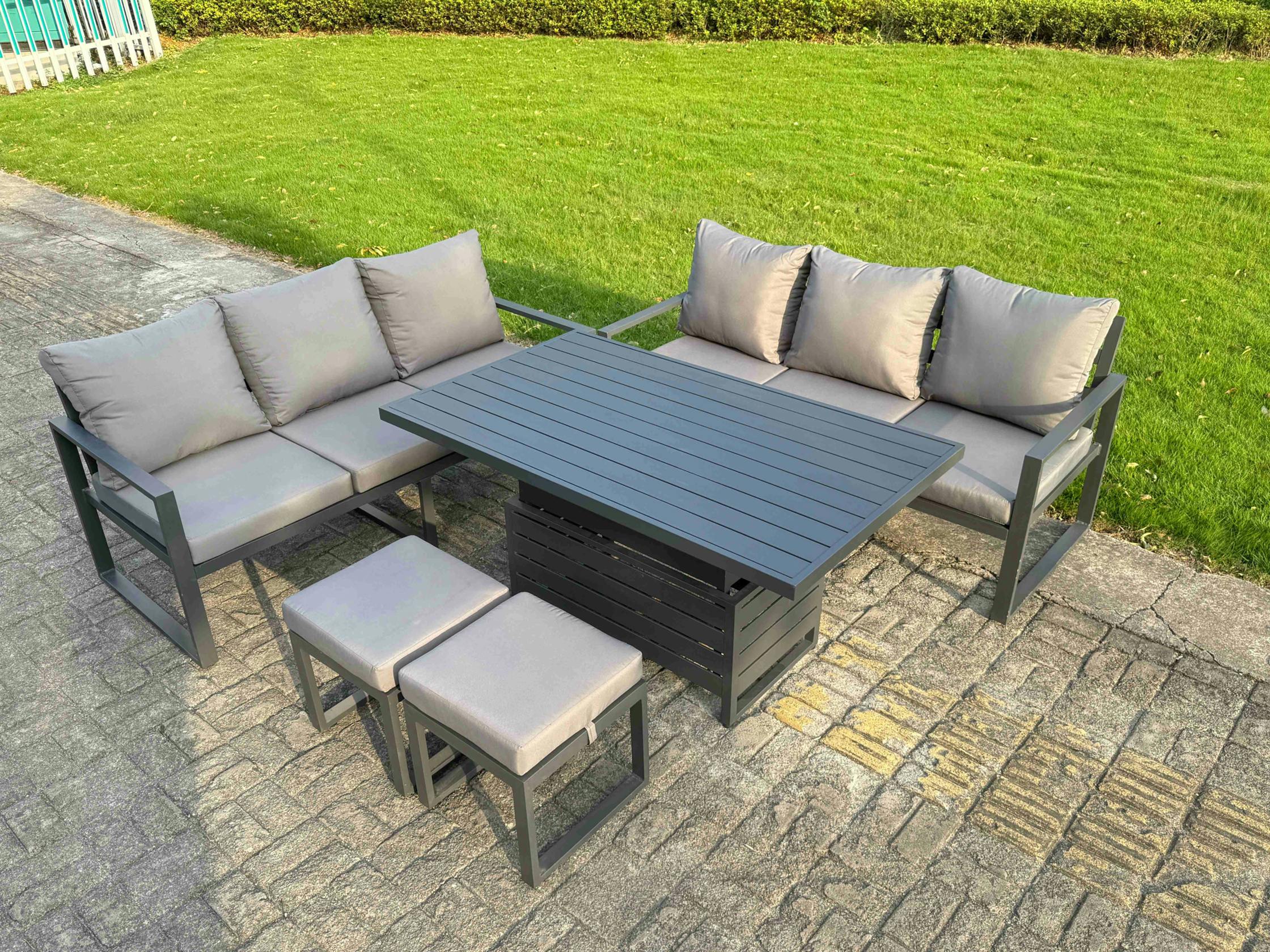 Fimous Dark/Grey 8 Seater Aluminium Garden Furniture Set With Adjustable Rising Dining Table, 2 Sofas, 2 Footstools