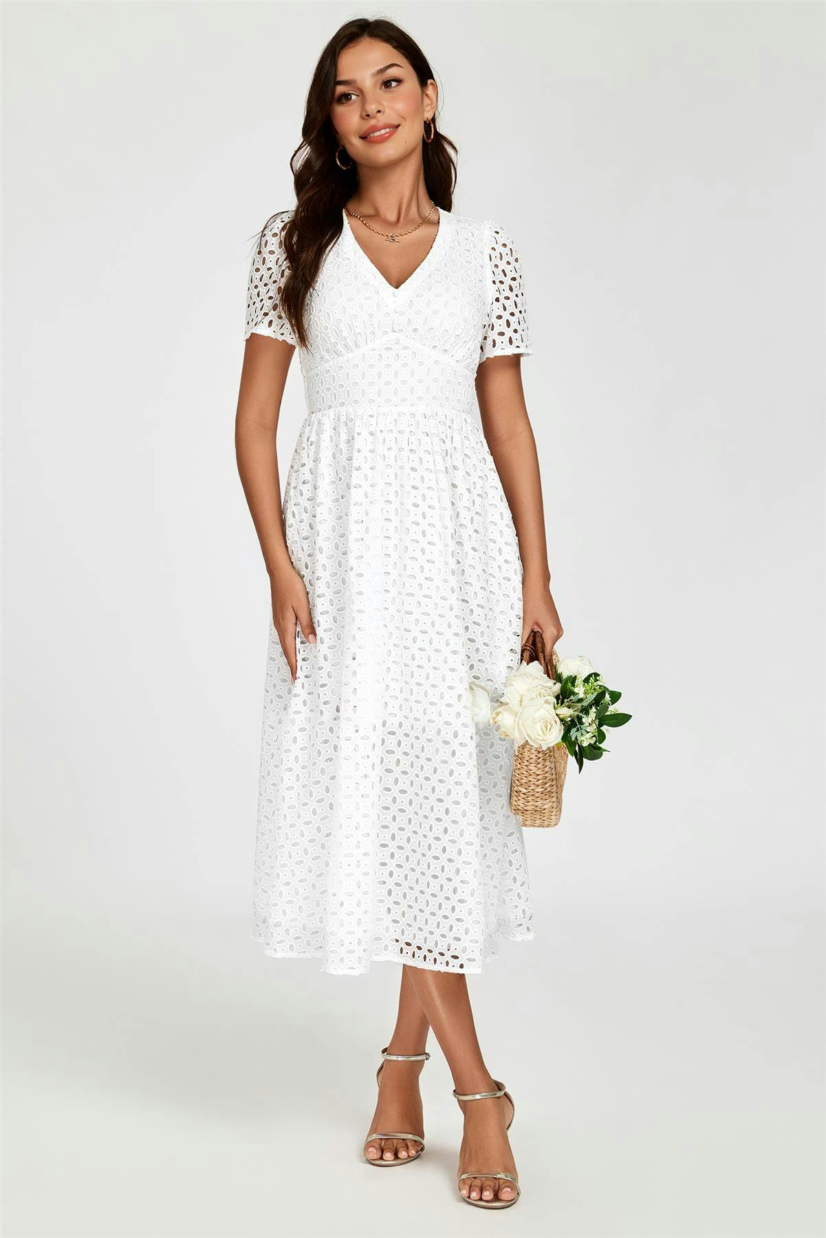 Fs Collection White Broderie Anglaise Midi Dress In - Xl