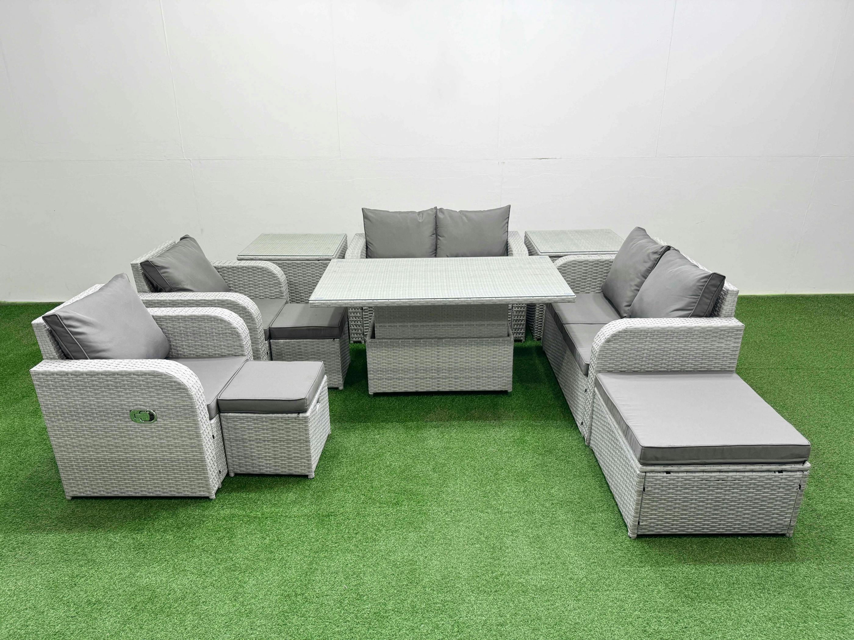 Fimous Light/Grey 9 Seater Outdoor Sofa Set, Rattan Garden Furniture, Adj Height Table, Reclining Love Sofa, 3 Stools And 2 Side Tables,