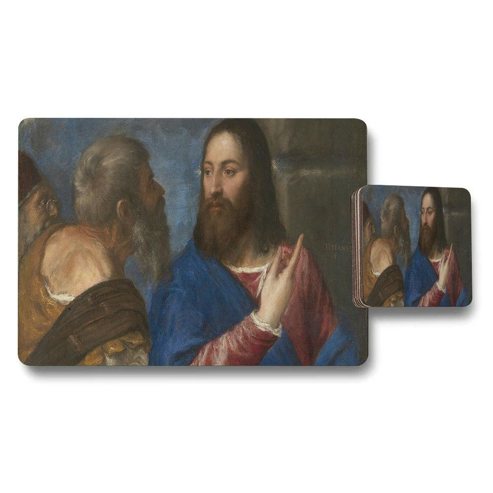 Benjamin Tate Design Religious Art Placemat And Coaster Set Featuring Jesus Portrait
