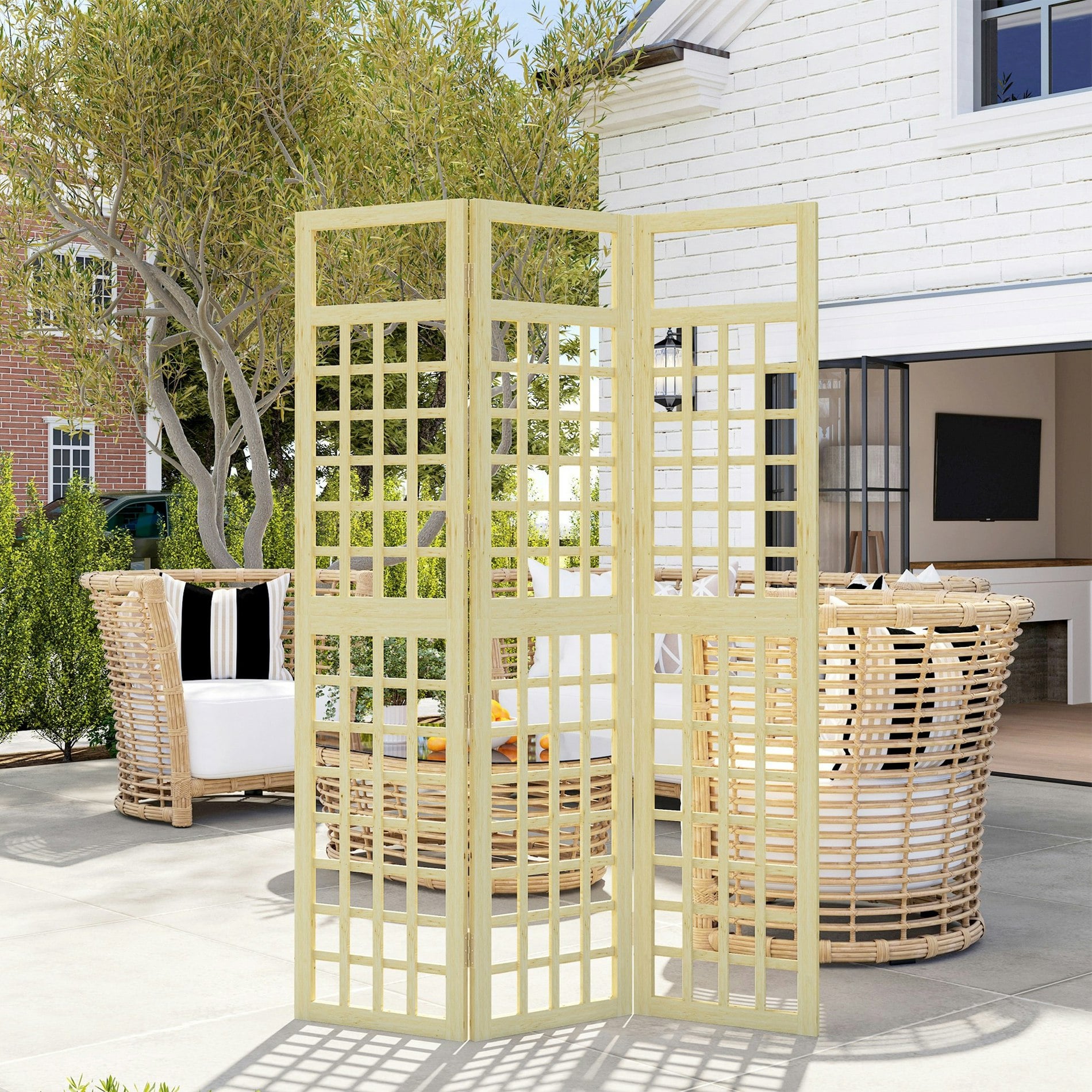 Rackhams 3-Panel Garden Privacy Screen, Freestanding Foldable Wooden Outdoor Divider Trellis - Fir Wood