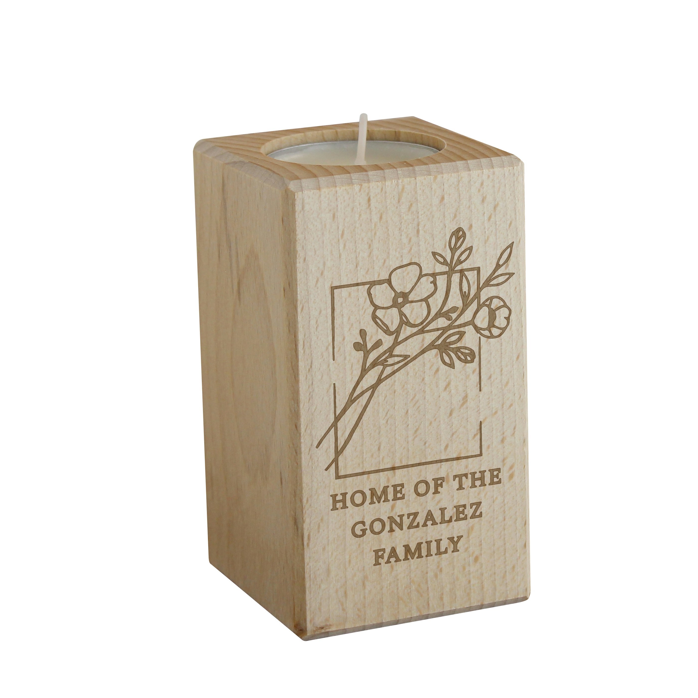 Personalised Memento Company Grain Personalised Floral Bouquet Wooden Tealight Holder