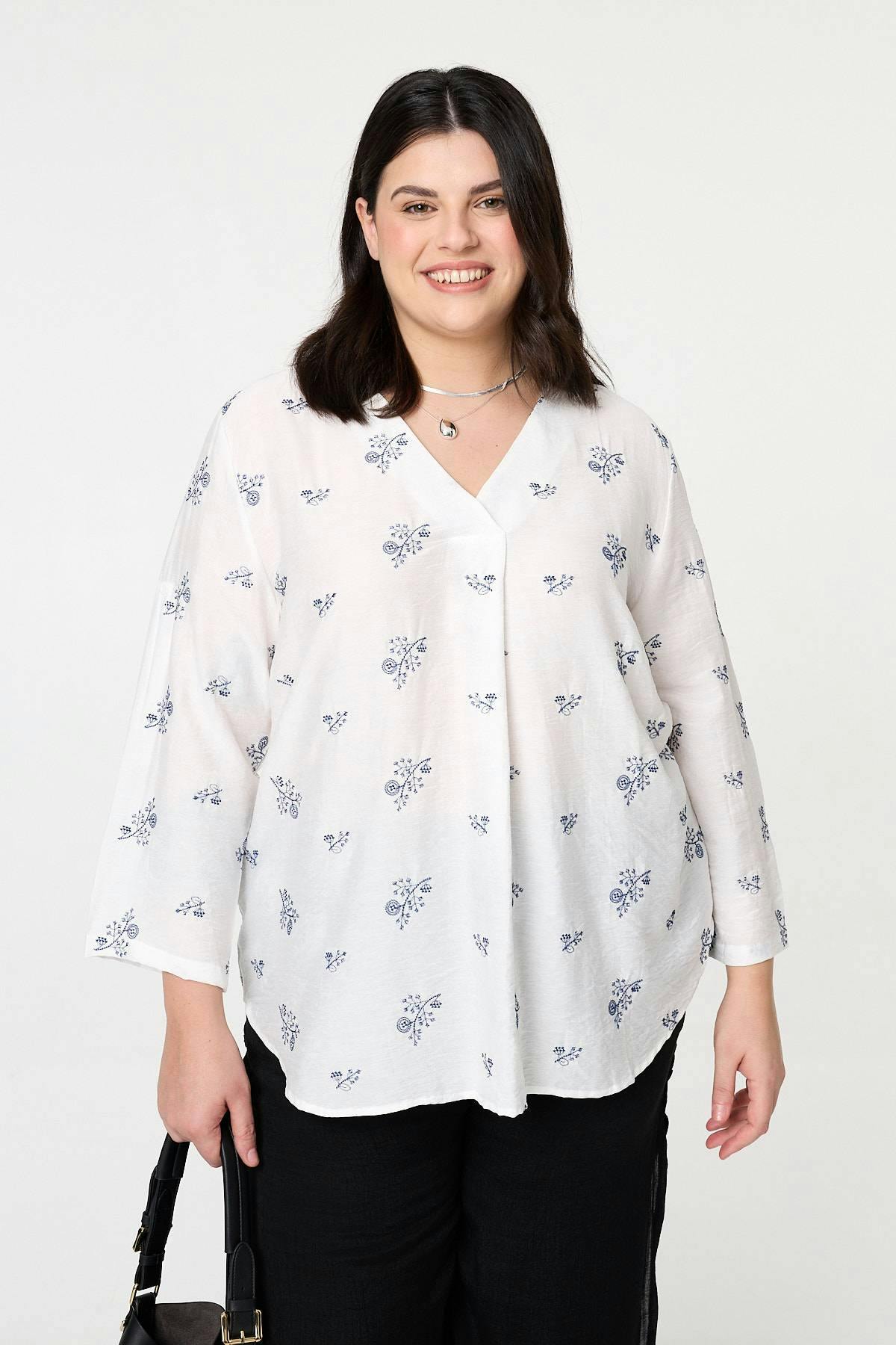 Izabel London White Curve Floral Relaxed Pleat Front Blouse - 20/22