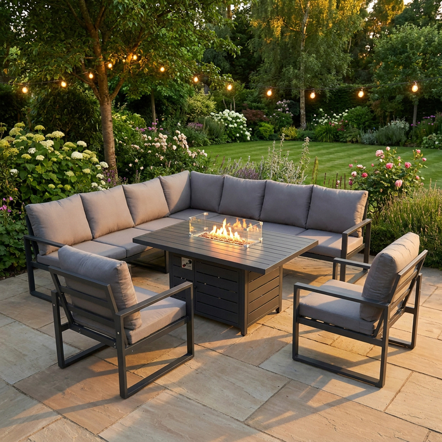 Fimous Dark/Grey 9 Seater Aluminum Outdoor Garden Furniture Set With Corner Sofa, 2 Chairs & Gas Fire Pit Dining Table
