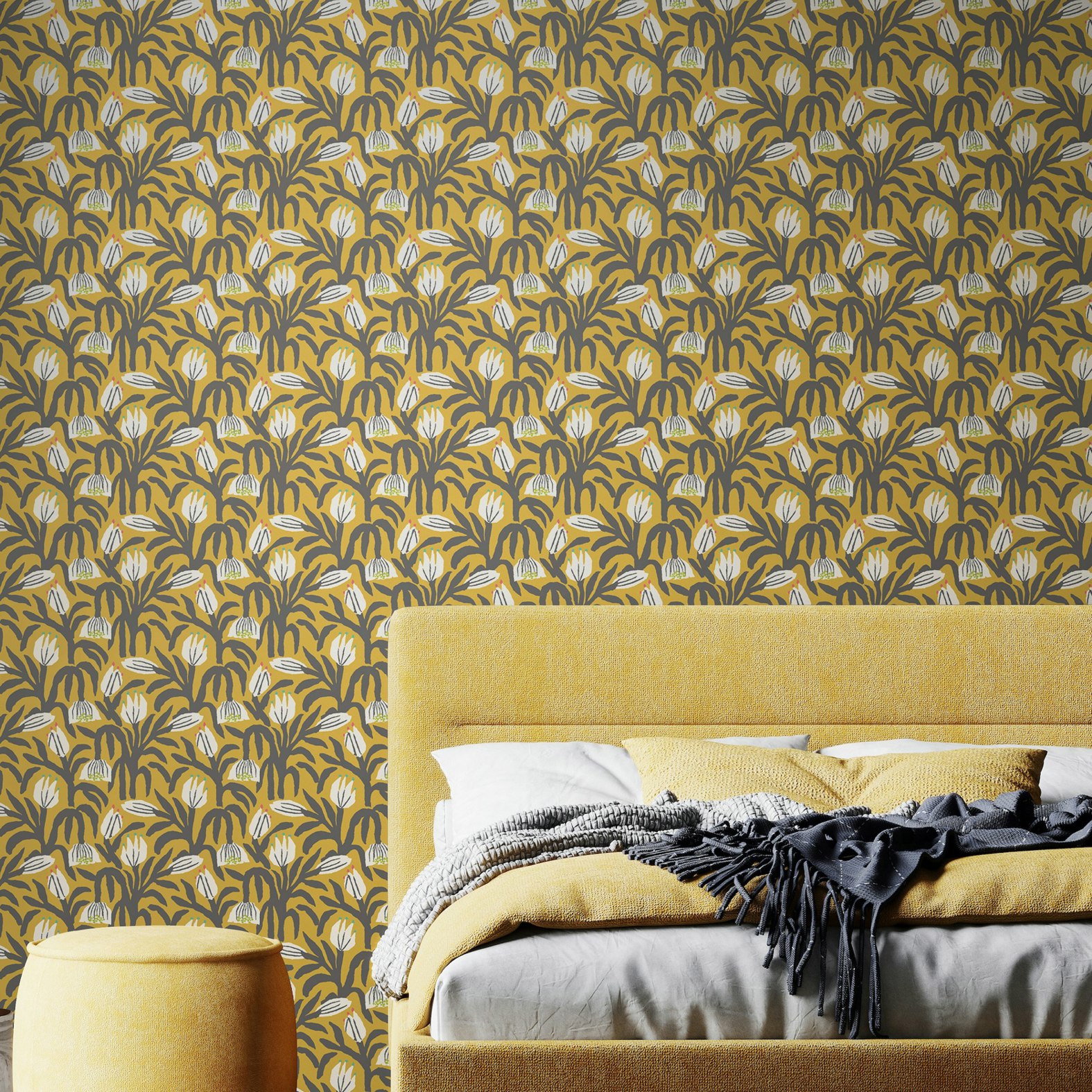 Rackhams Chunky Flower - Mustard 10M Wallpaper