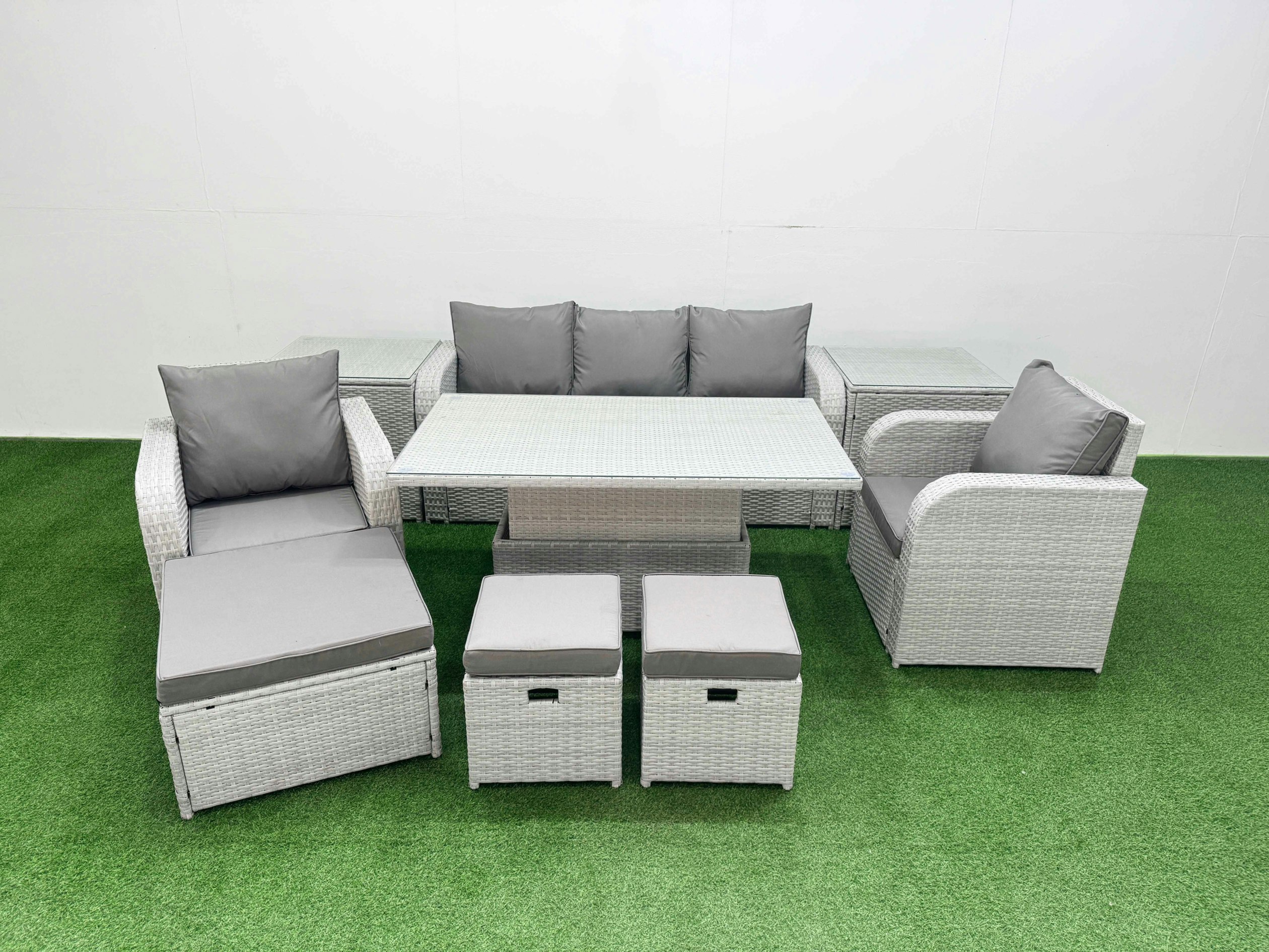 Fimous Light/Grey Pe Rattan Garden Furniture Set Reclining Chair Sofa Lounge Sofa Set Adjustable Lifting Dining Or Coffee Table 2 Side Table 3 Stools