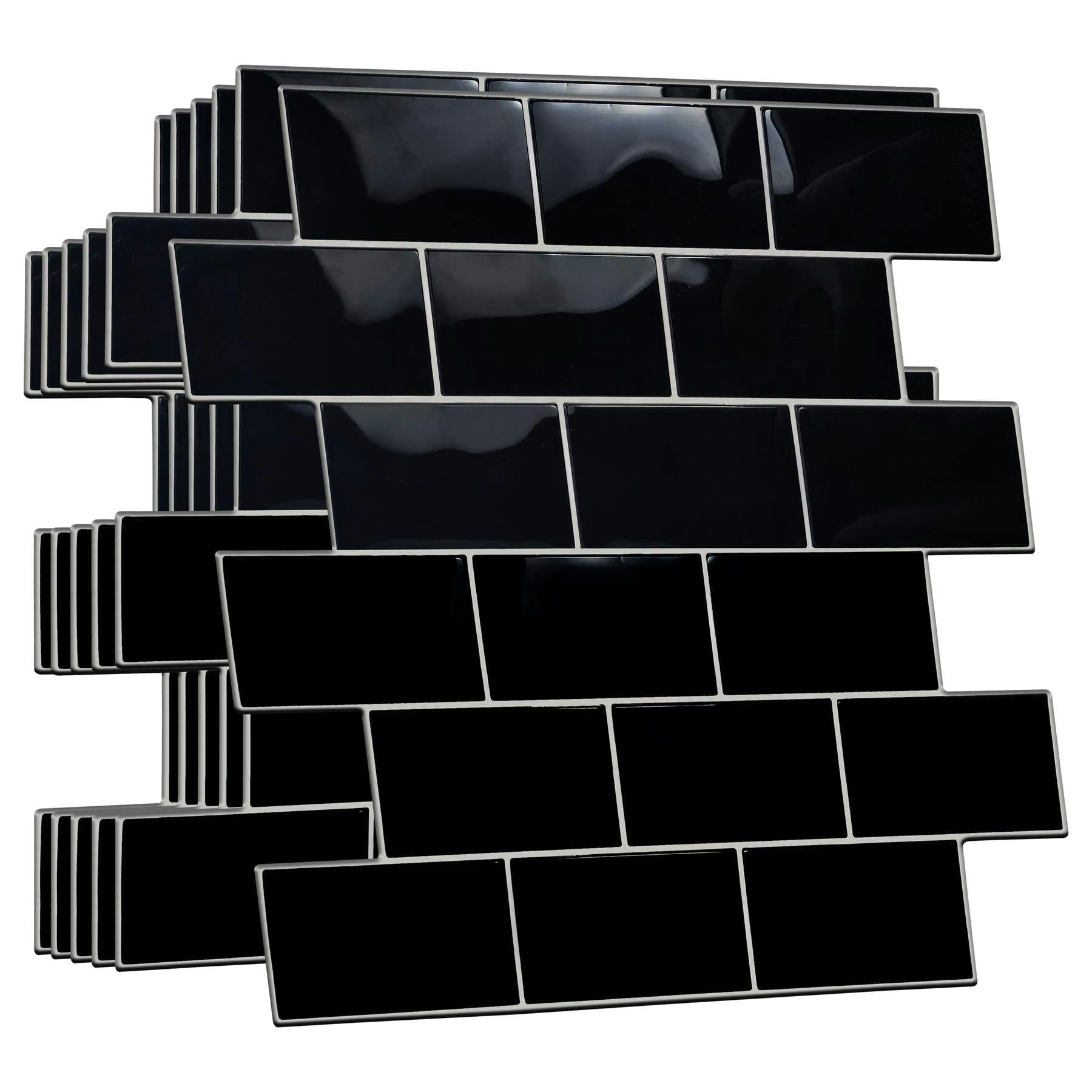 Walplus Black Wt3d1807 - Metro Subway Glossy 3D Tile Sticker 30.5 X 15.4Cm (12 X 6 In) - 20Pcs In A Pack