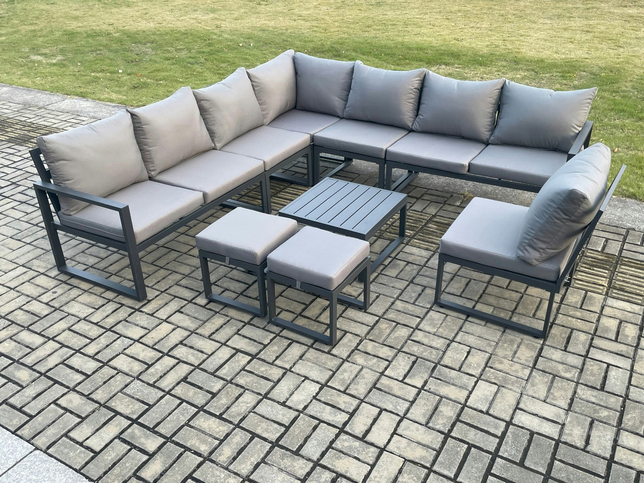 Fimous Dark/Grey 10 Seater Patio Outdoor Garden Furniture Aluminium Lounge Corner Sofa Set With Square Coffee Table 2 Small Footstools