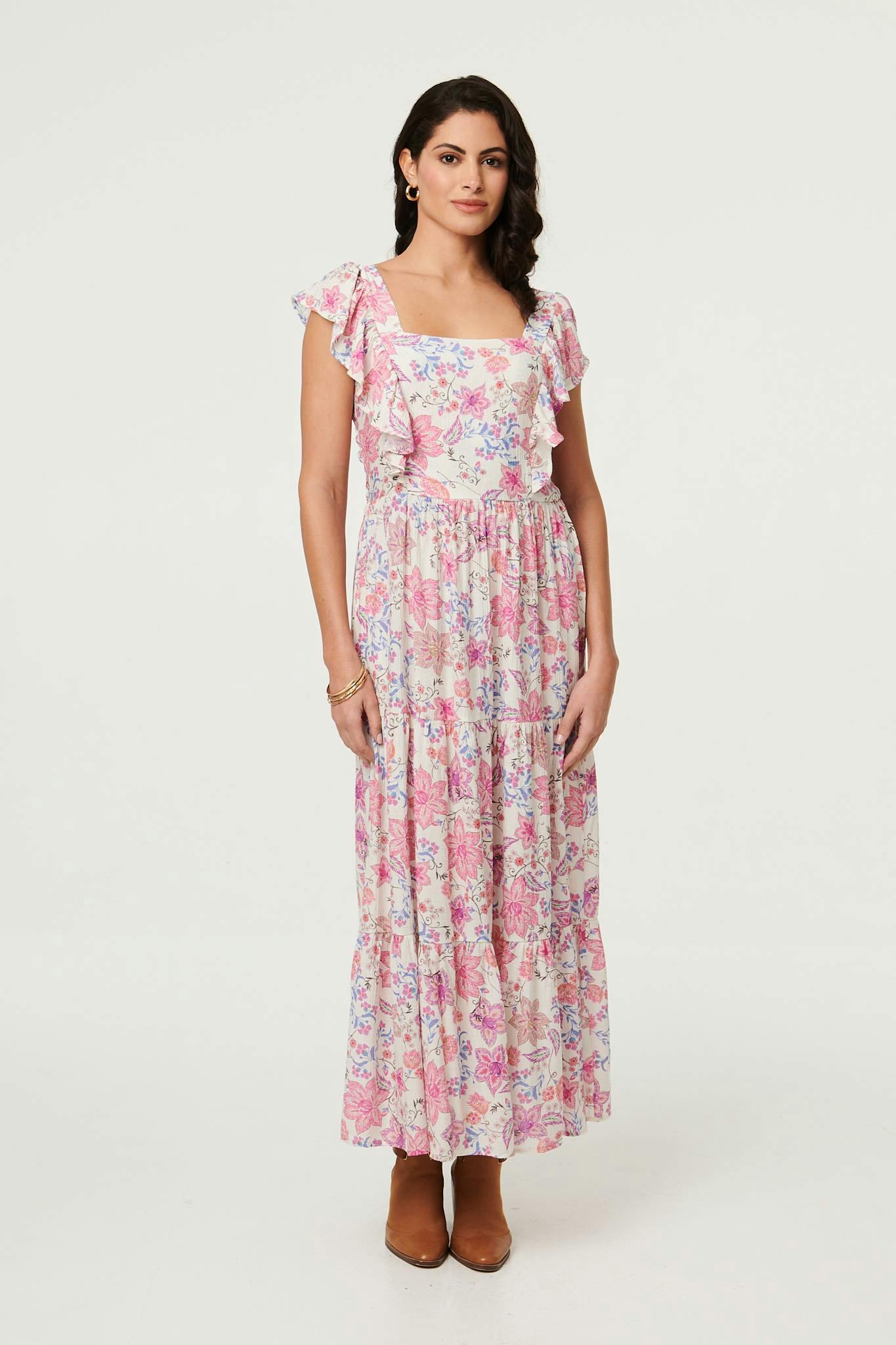 Izabel London Pink Floral Ruffled Cap Sleeve Maxi Dress - 14