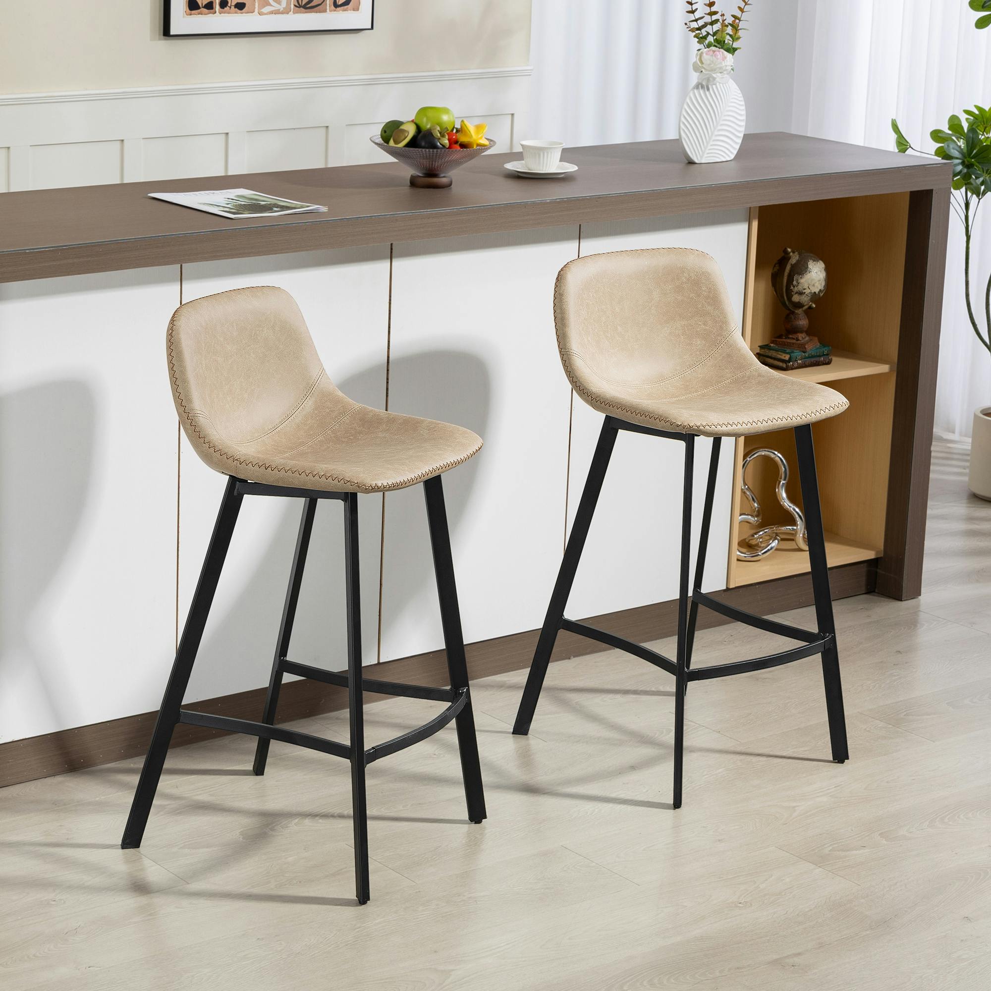 Rackhams Green/Light/Brown Bar Stools Set Of 2, Bar Chairs With Back And Steel Legs, - Pu Leather, Steel, Sponge - 2