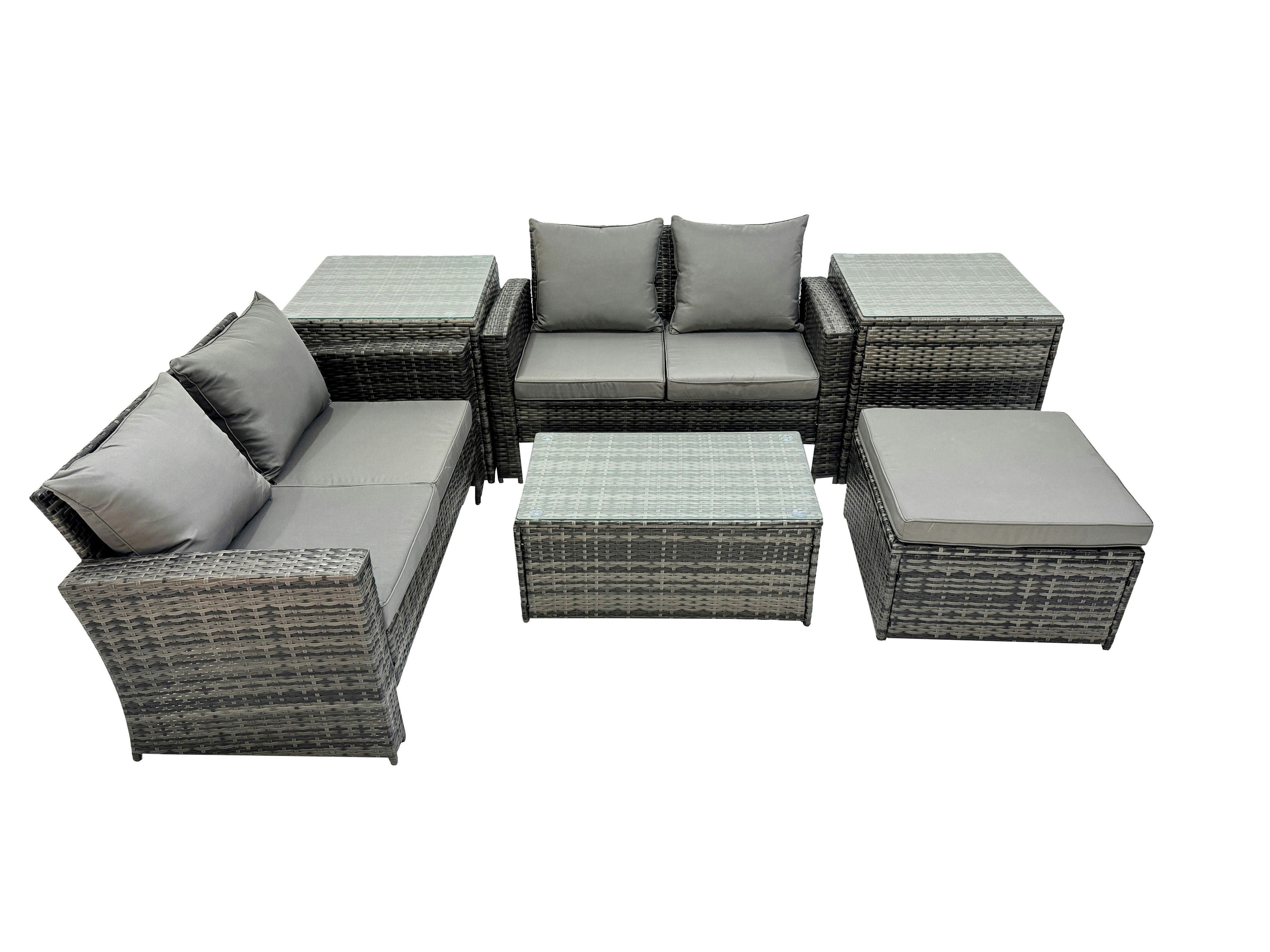 Fimous Dark/Grey Pe Rattan Garden Furniture Set Lounge Double Seat Sofa Coffee Table Set With 2 Side Tables Big Stool Mixedmixed