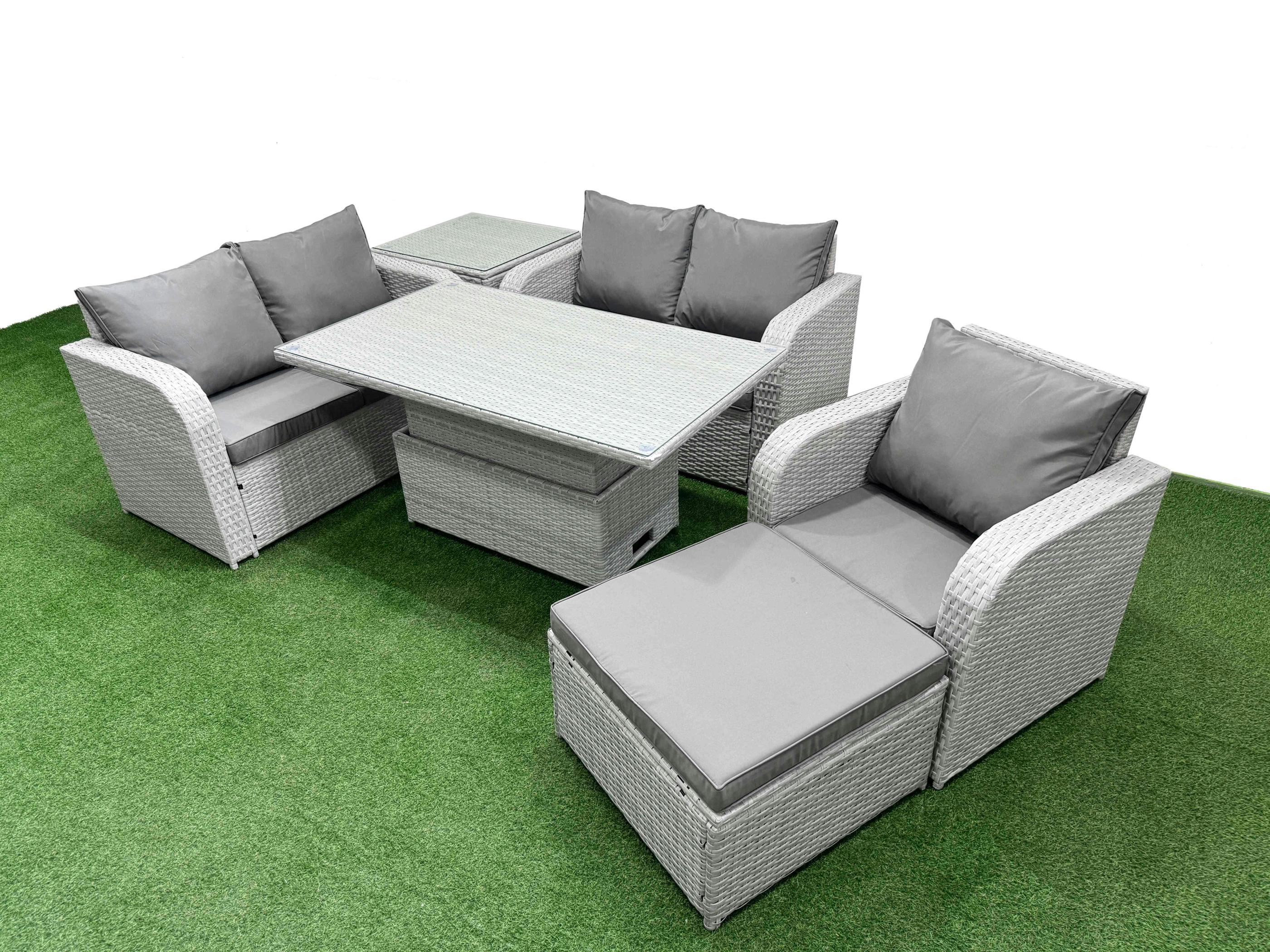 Fimous Light/Grey High Back Poly Rattan Garden Furniture Set, Adj Height Table, Reclining Loveseat, Indoor Outdoor Patio, Big Stool And Side Table,