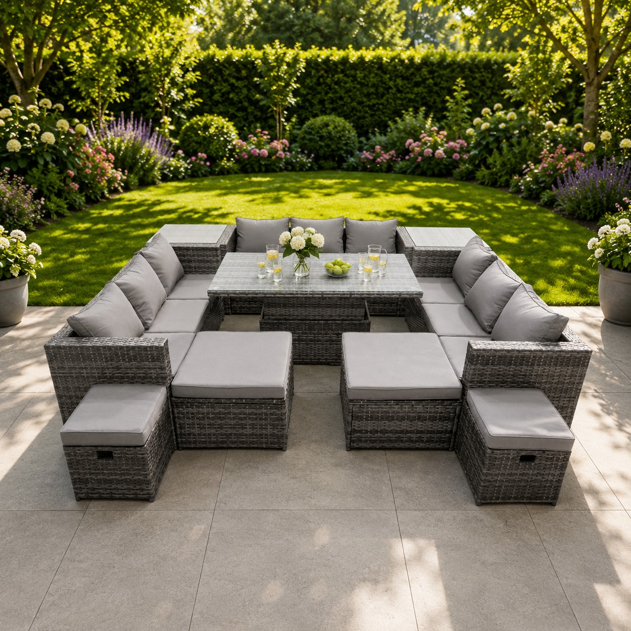 Rackhams Dark/Grey Rattan Dining Table Sofa Set With 2 Side Tables 4 Stools Outdoor 13 Seat Garden Furniture Set Mixed