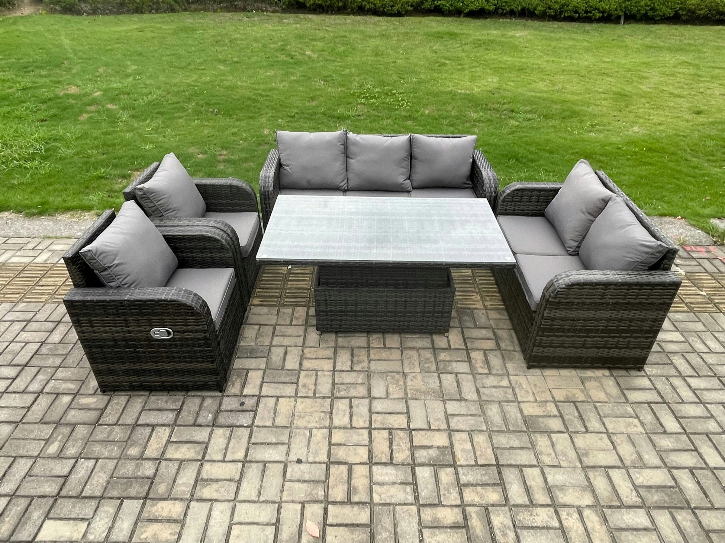 Rackhams Dark/Grey Rattan Outdoor Garden Furniture Sets Height Adjustable Rising Lifting Dining Table Reclining Chair Sofa Set Mixed