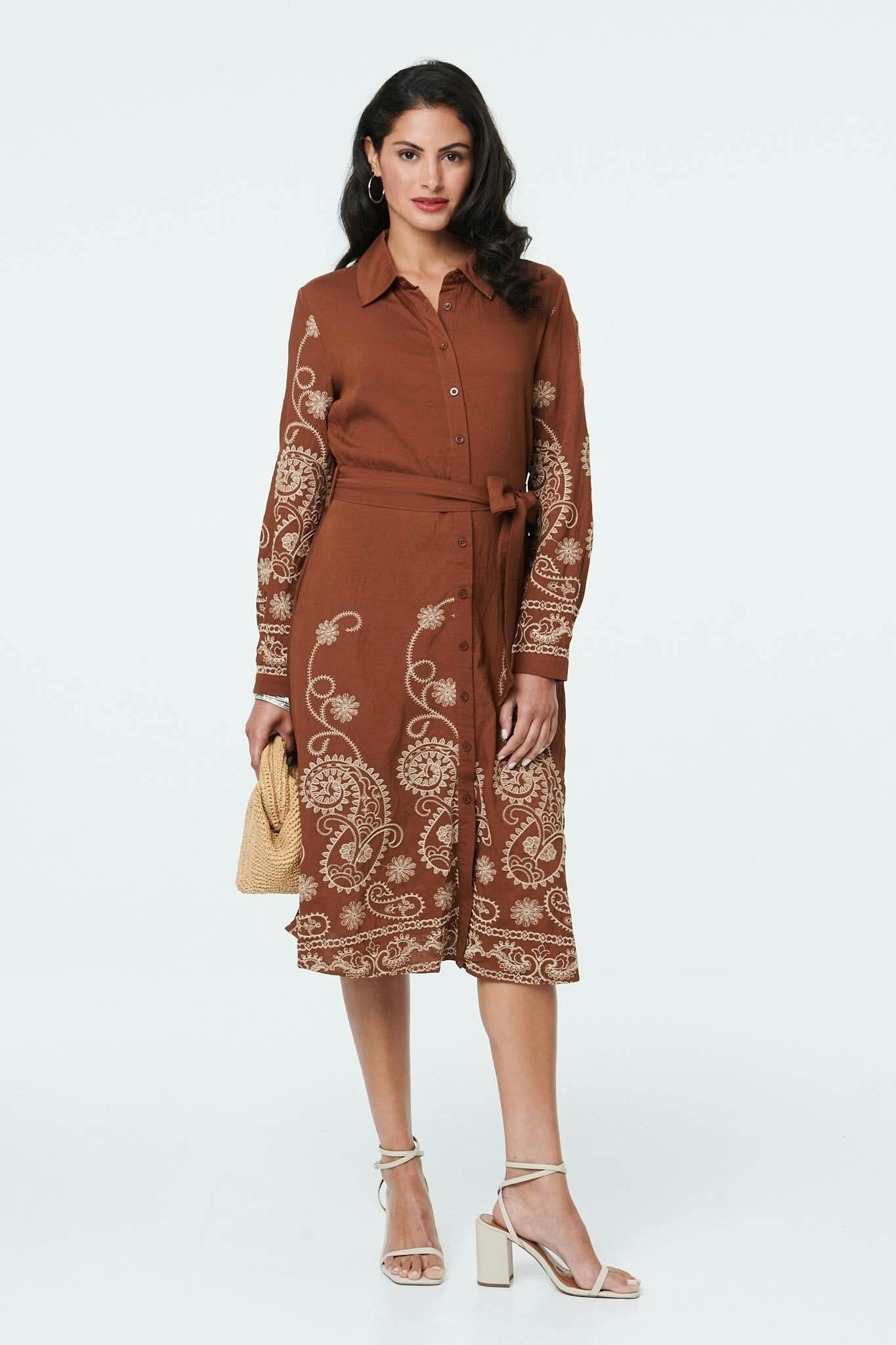 Izabel London Brown Embroidered Long Sleeve Shirt Midi Dress - 12
