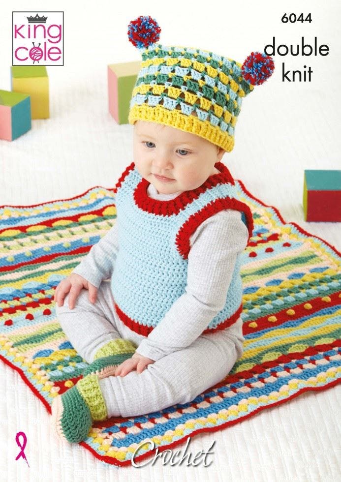 King Cole Double Knit Baby DK Crochet Pattern Tank Top Blanket Hat & Bootees (6044), 16" - 23" - Image 5