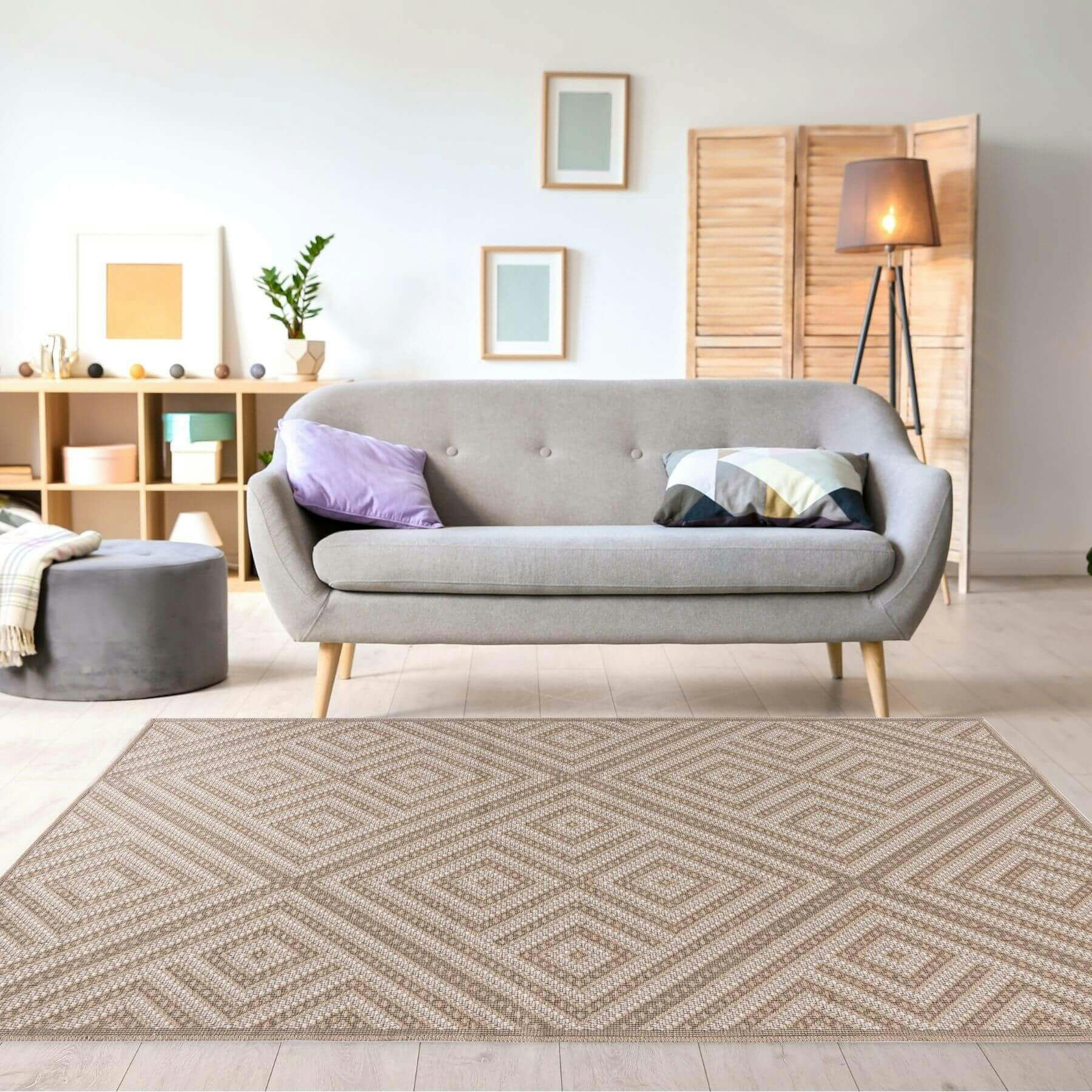 Rackhams White/Beige Geo & Jute Looking Washable Rug - 120X170 Cm