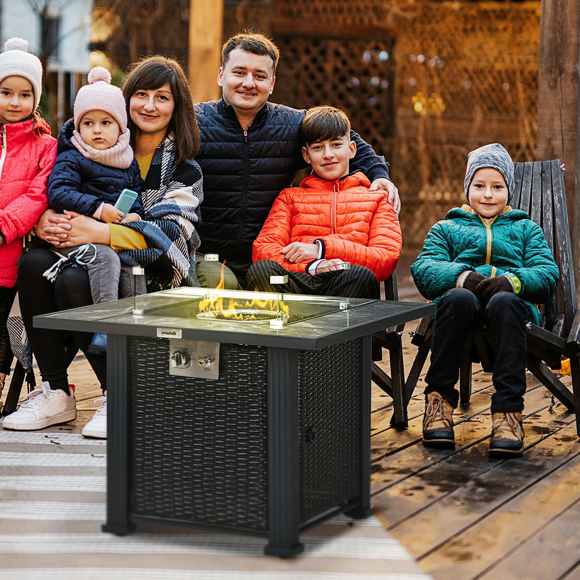 Rackhams Black Gas Fire Pit Table W/ Rain Cover, Windscreen & Glass Stone, 50,000 Btu - Steel, Pe Rattan, Tempered Glass, Tile - 80Cmx80cmx61cm