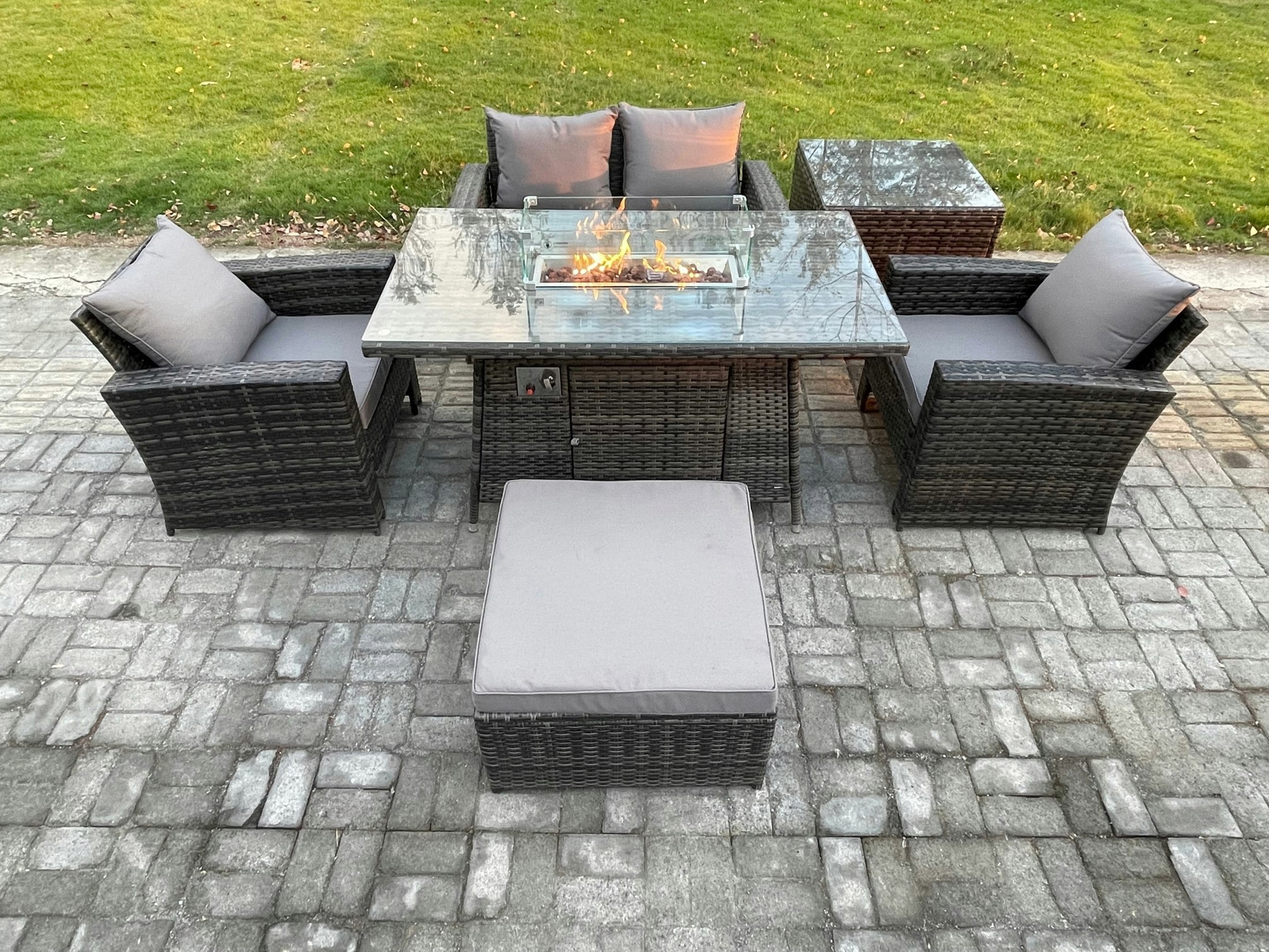 Rackhams Dark/Grey 5 Seater?Outdoor Rattan Sofa Set Garden Furniture Gas Fire Pit Dining Table Heater With Big Footstool Side Table Mixed