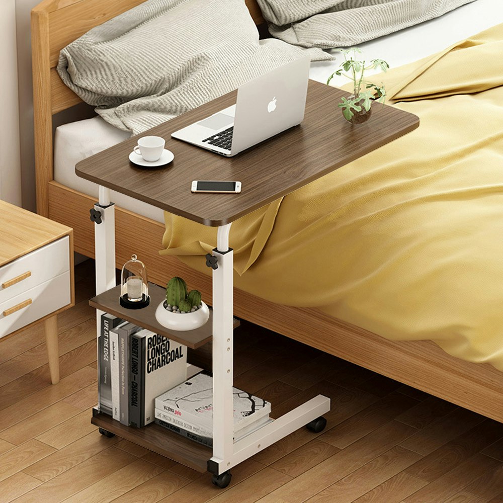 Rackhams Brown 3-Tier Height Adjustable Mobile Table Overbed Desk With Wheels