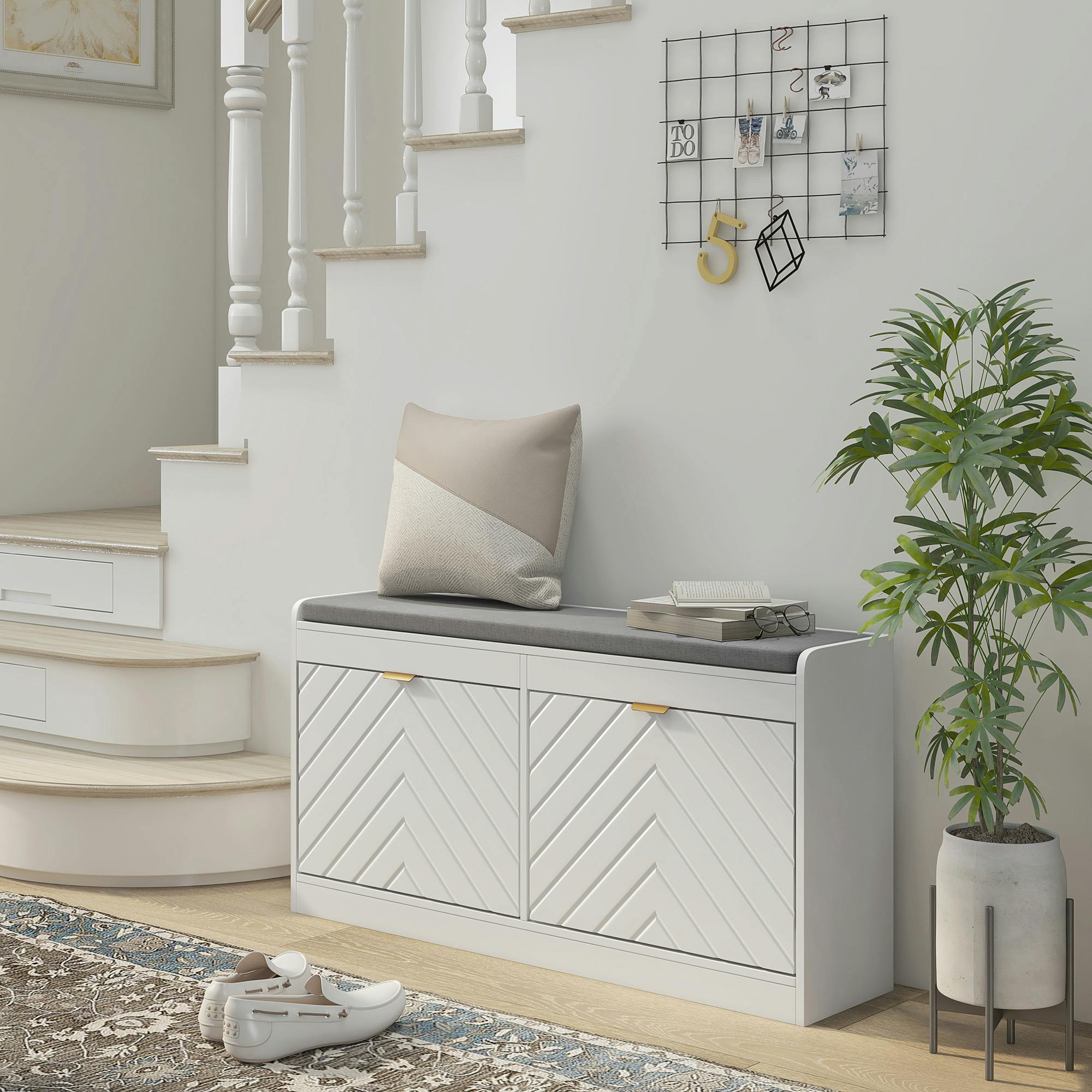 Rackhams White Shoe Bench With 2 Flip Drawers, Cushion, 8 Pairs For Entryway