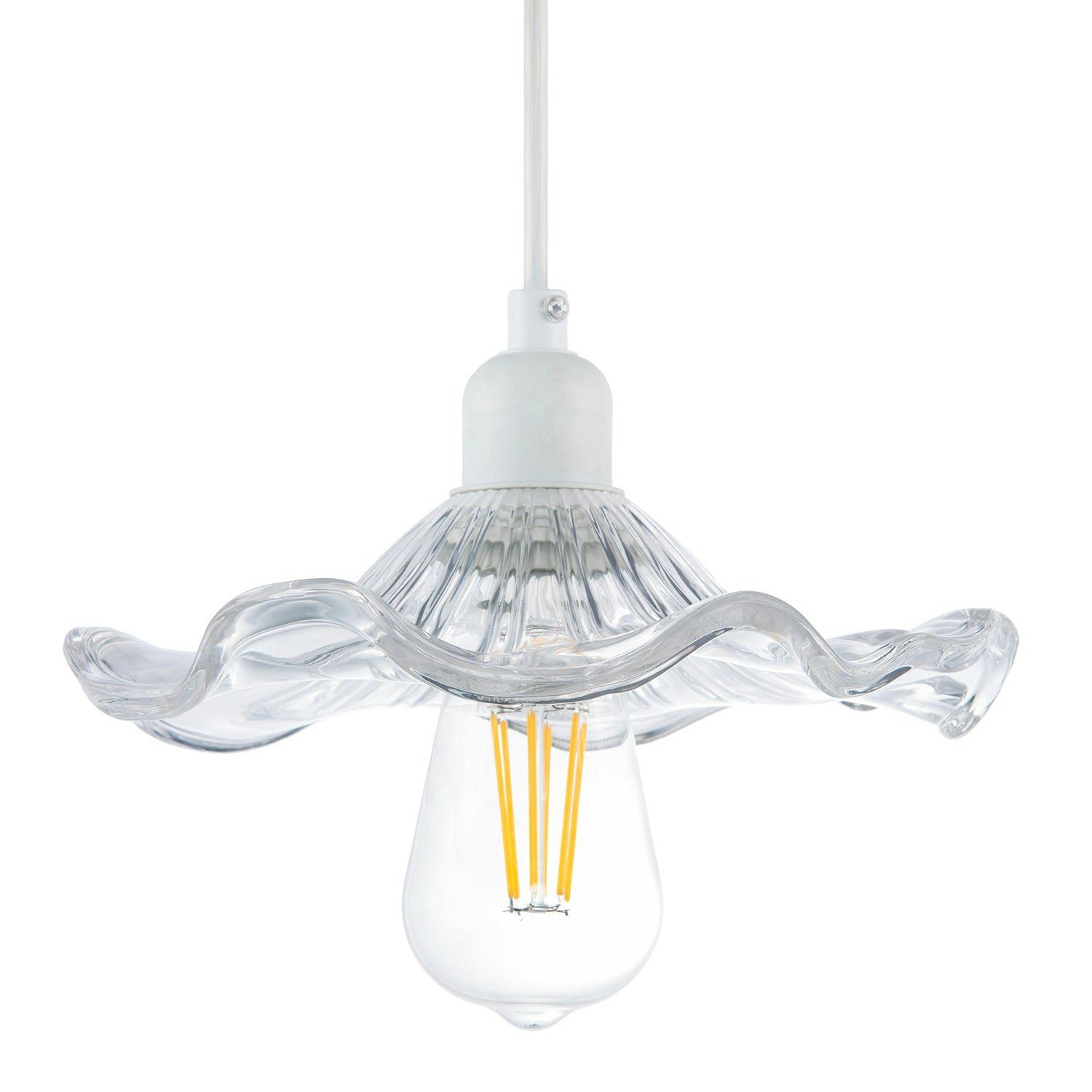 Happy Homewares Light Designer Ribbed Clear Glass Pendant Shade With Wavy Ruffled Edge
