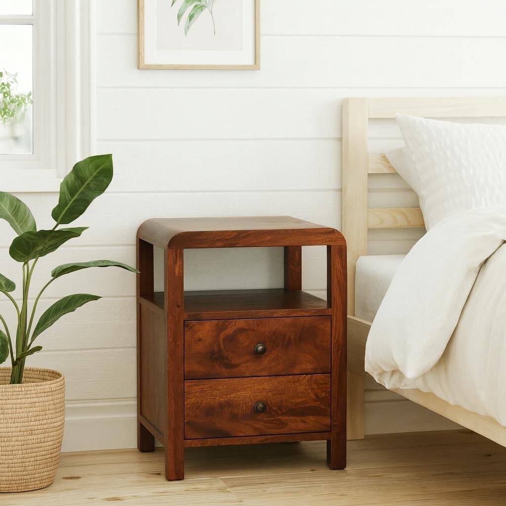 Wyld Haus Tropea Mango Wood Bedside Table With 2 Drawers And Shelf