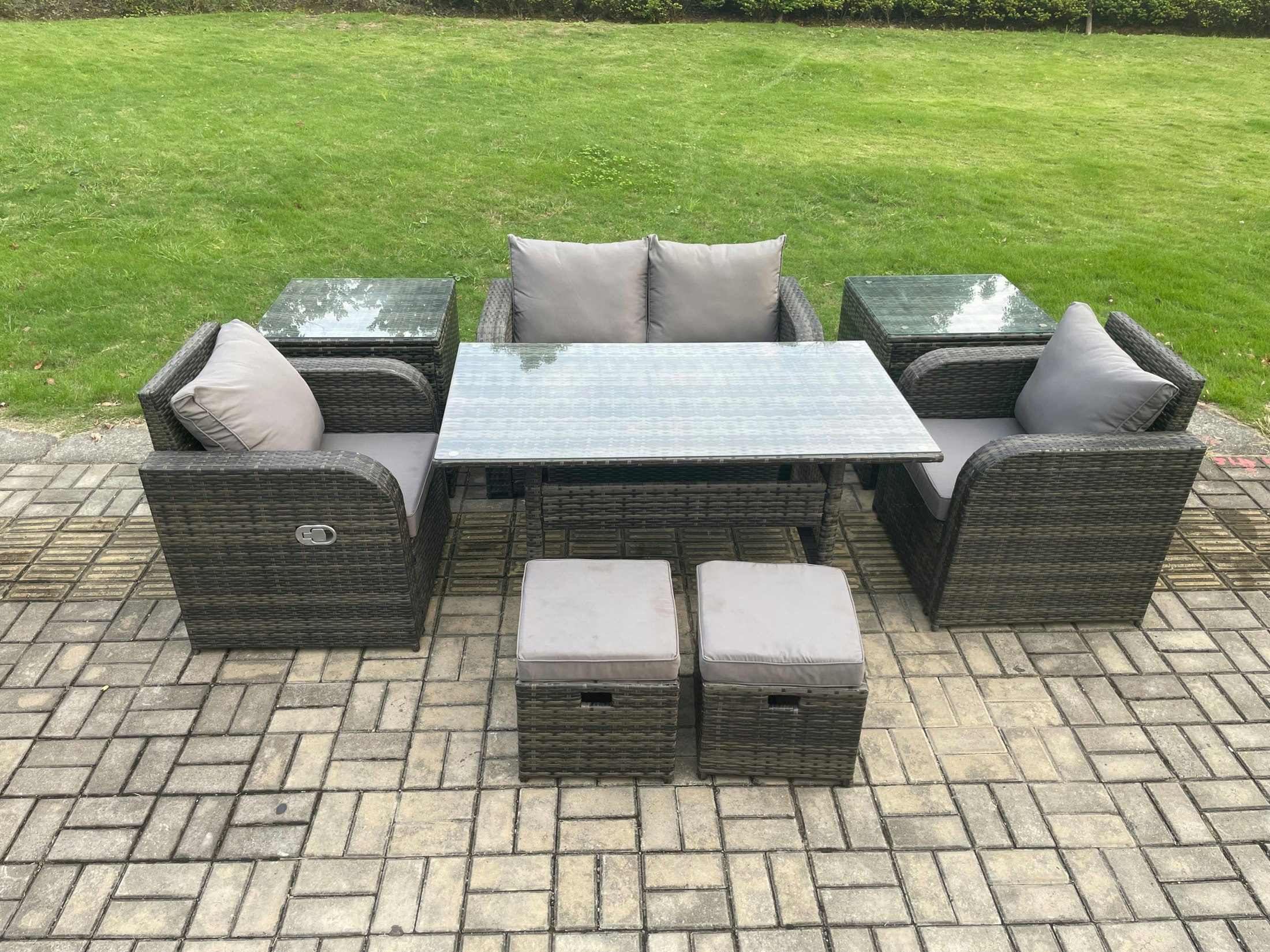 Rackhams Dark/Grey Rattan Outdoor Garden Furniture Set Rectangular Dining Table And Chair Sofa Set With 2 Side Tables 2 Small Footstools Mixed