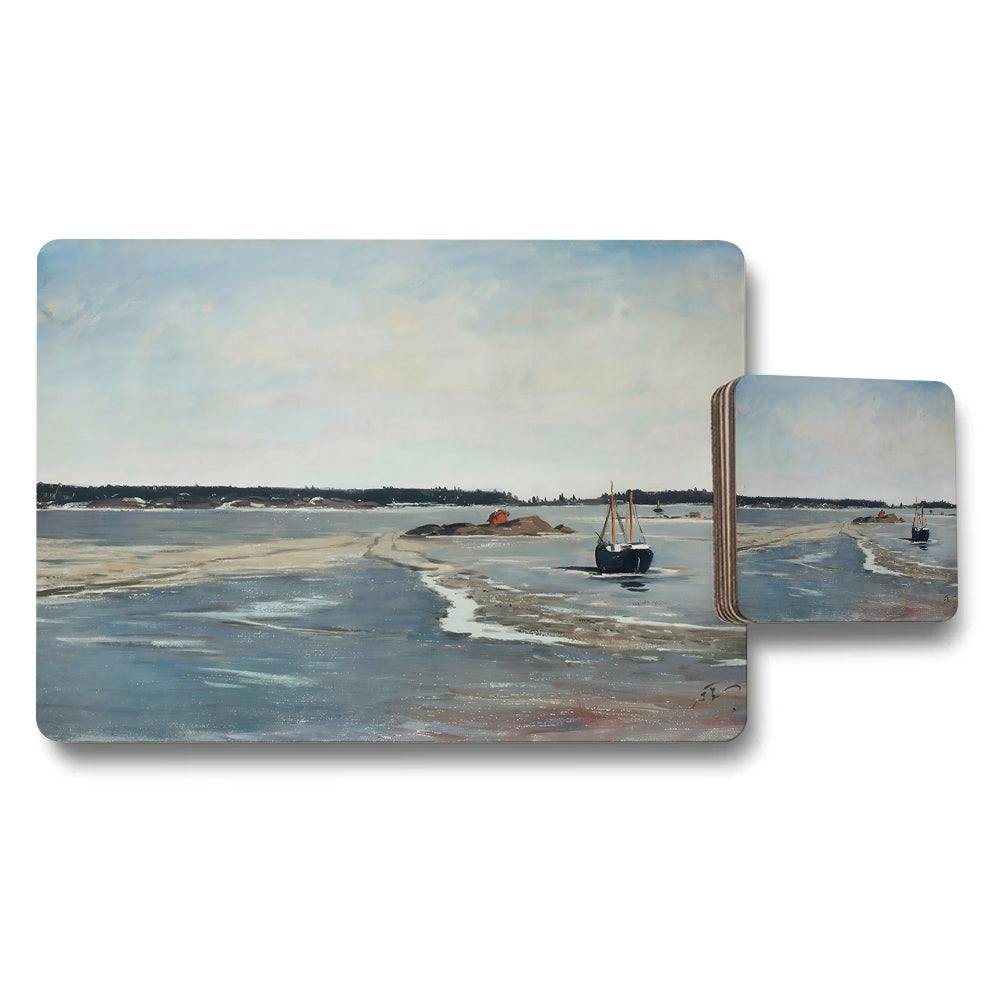 Benjamin Tate Design Blue Seascape Boat Painting Placemats And Coaster Set For Dining Table