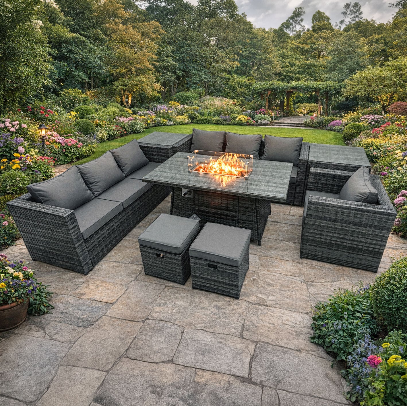 Fimous Dark/Grey 9 Seater Rattan Garden Furniture Set With Fire Pit Dining Table, 2 Sofas, 2 Side Tables, 1 Chair, 2 Footstools