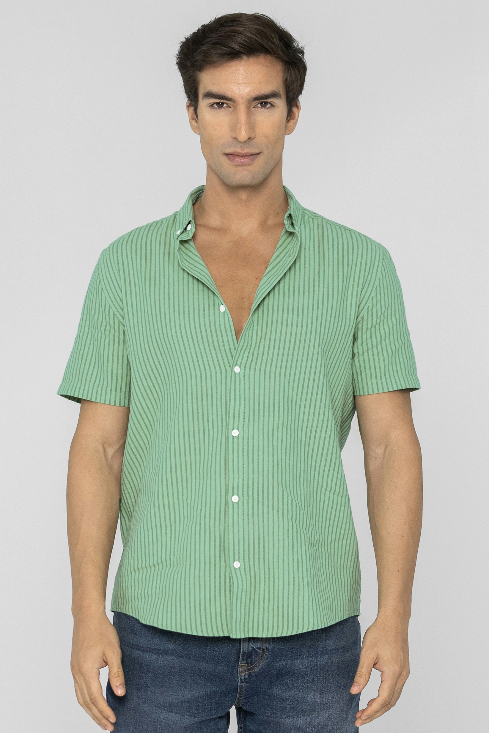 Enorsia Men's Green Stripe Short Sleeve Shirt - Xxl - 70% Cotton, 30% Linen
