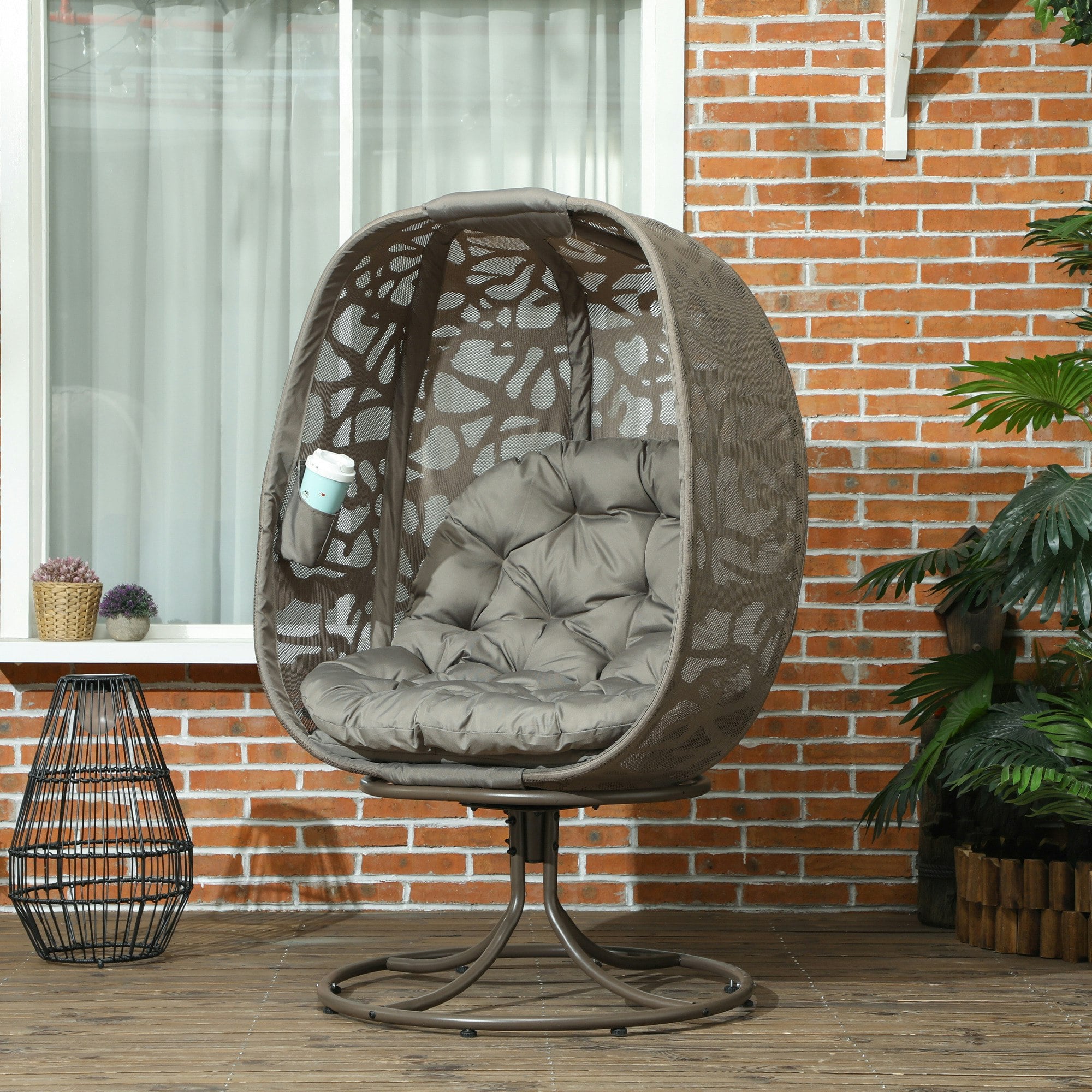 Rackhams Grey/Brown Foldable Egg Chair With Cushions, Indoor Outdoor Swivel Lounger, - Sand