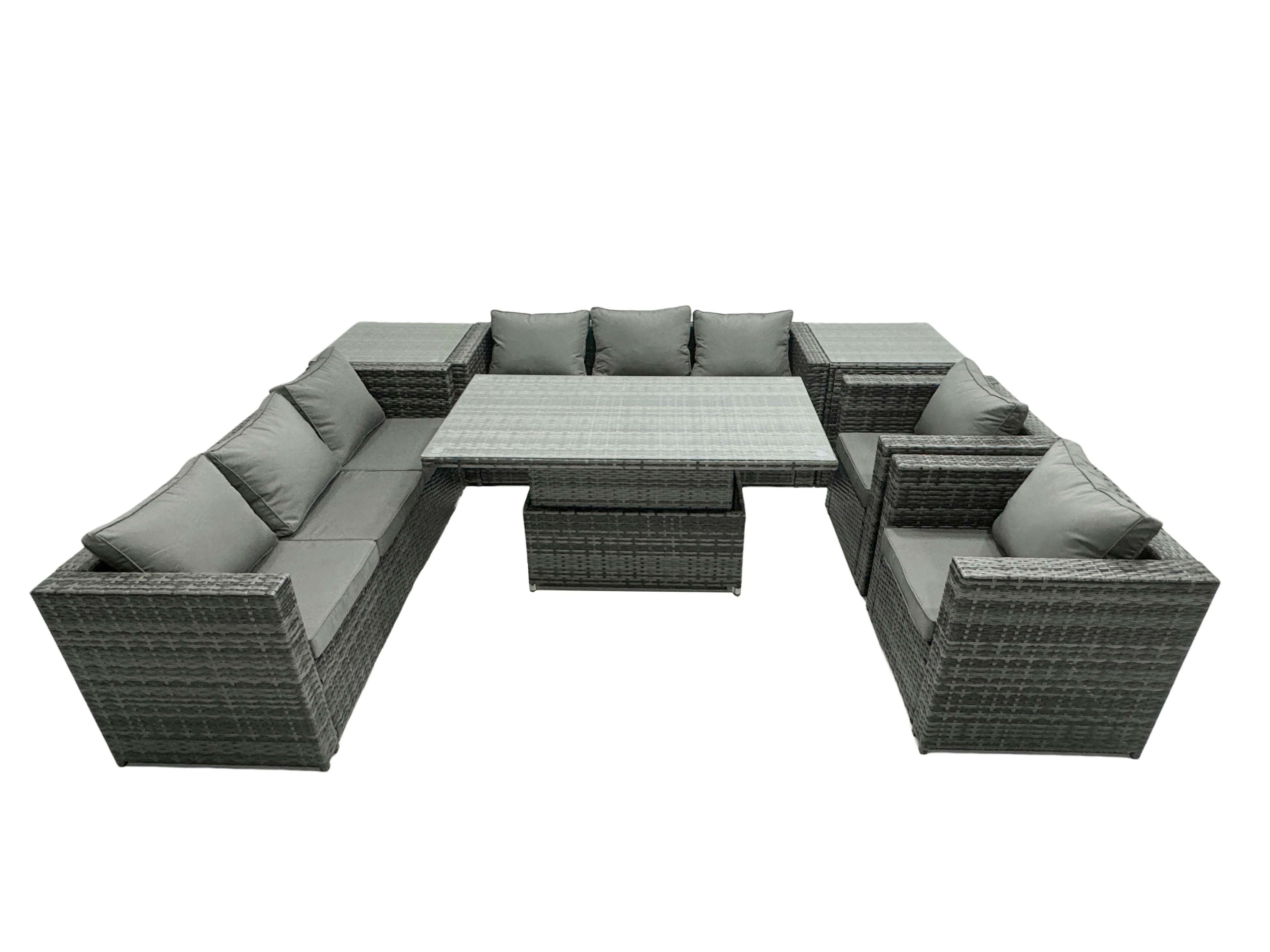 Fimous Dark/Grey 8 Seater?Outdoor Rattan Garden Furniture Adjustable Rising Lifting Table Armchairs Mixed