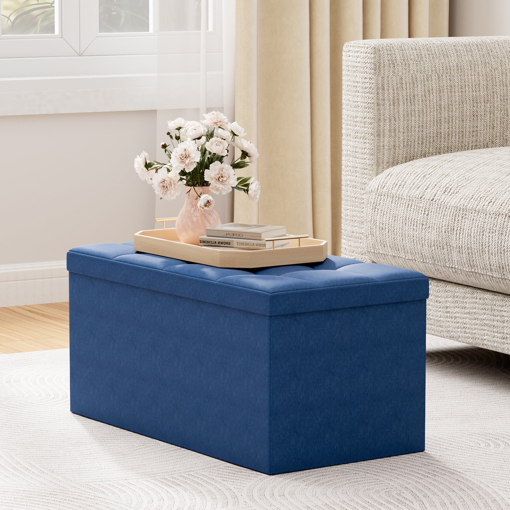 B&Q -  76Cm Rectangular Ottoman Foldable Storage Bench Upholstered Foot Rest - Image 5