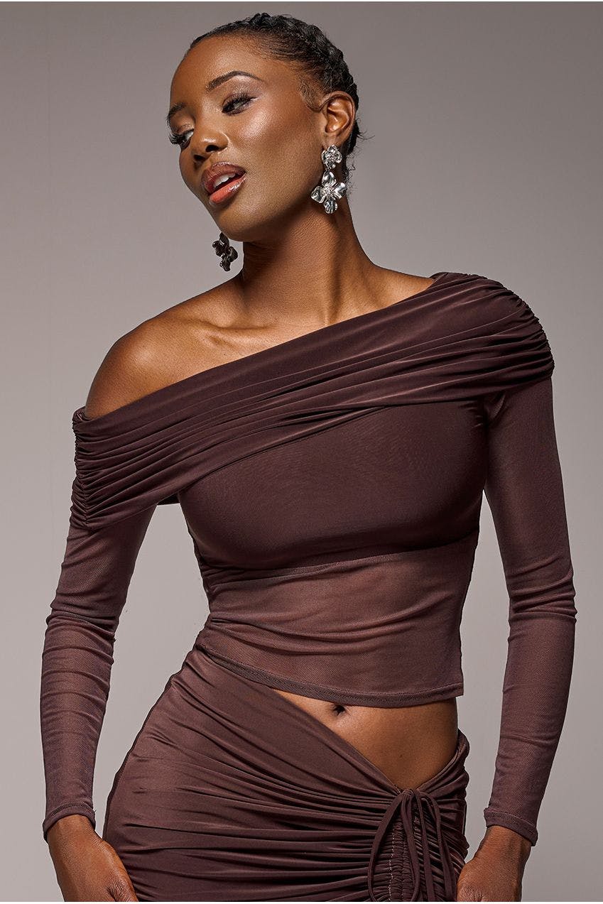 Goddiva Brown Gathered Bardot Asymmetric Mesh Panel Top - By - 8