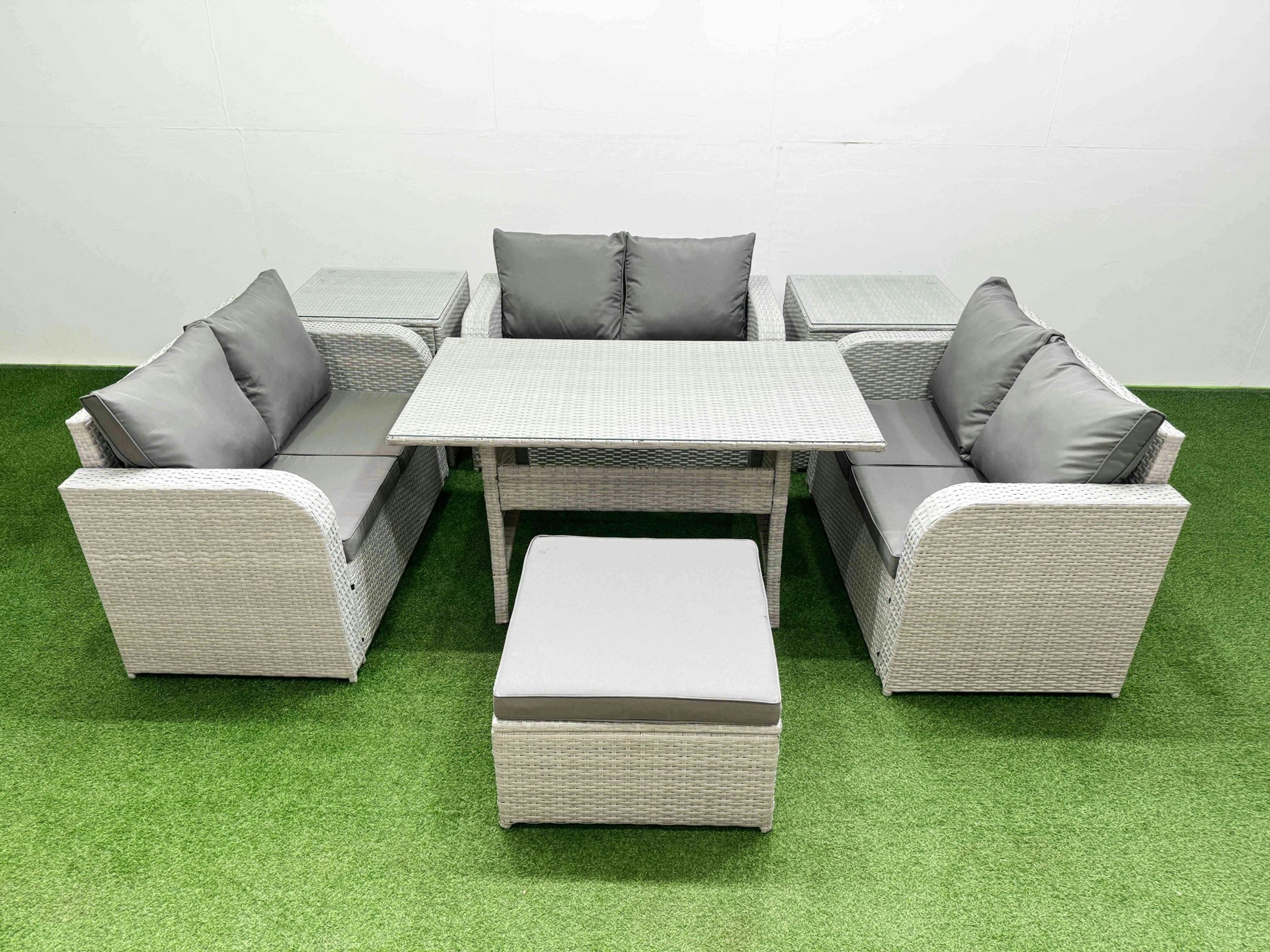 Rackhams Light/Grey 7 Seater Pe Wicker Rattan Furniture Sofa Sets With Rectangular Dining Table 2 Seater Love Sofa Big Footstool 2 Side Table